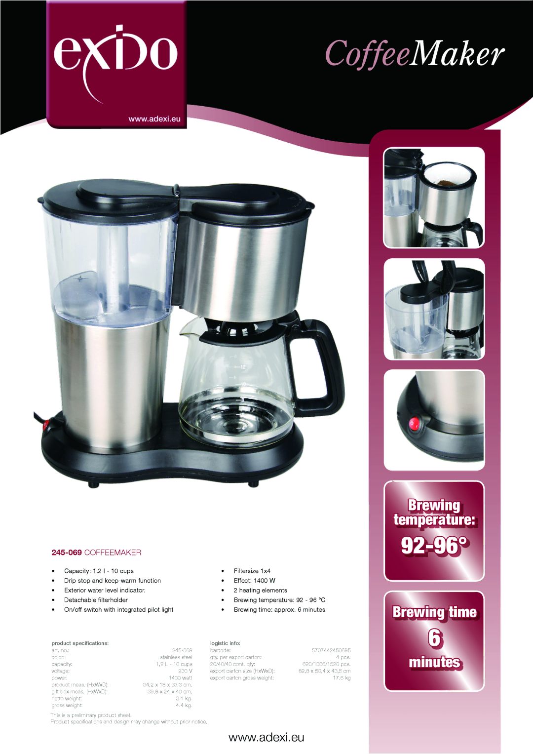 Melissa specifications CoffeeMaker, 245-069Coffeemaker 