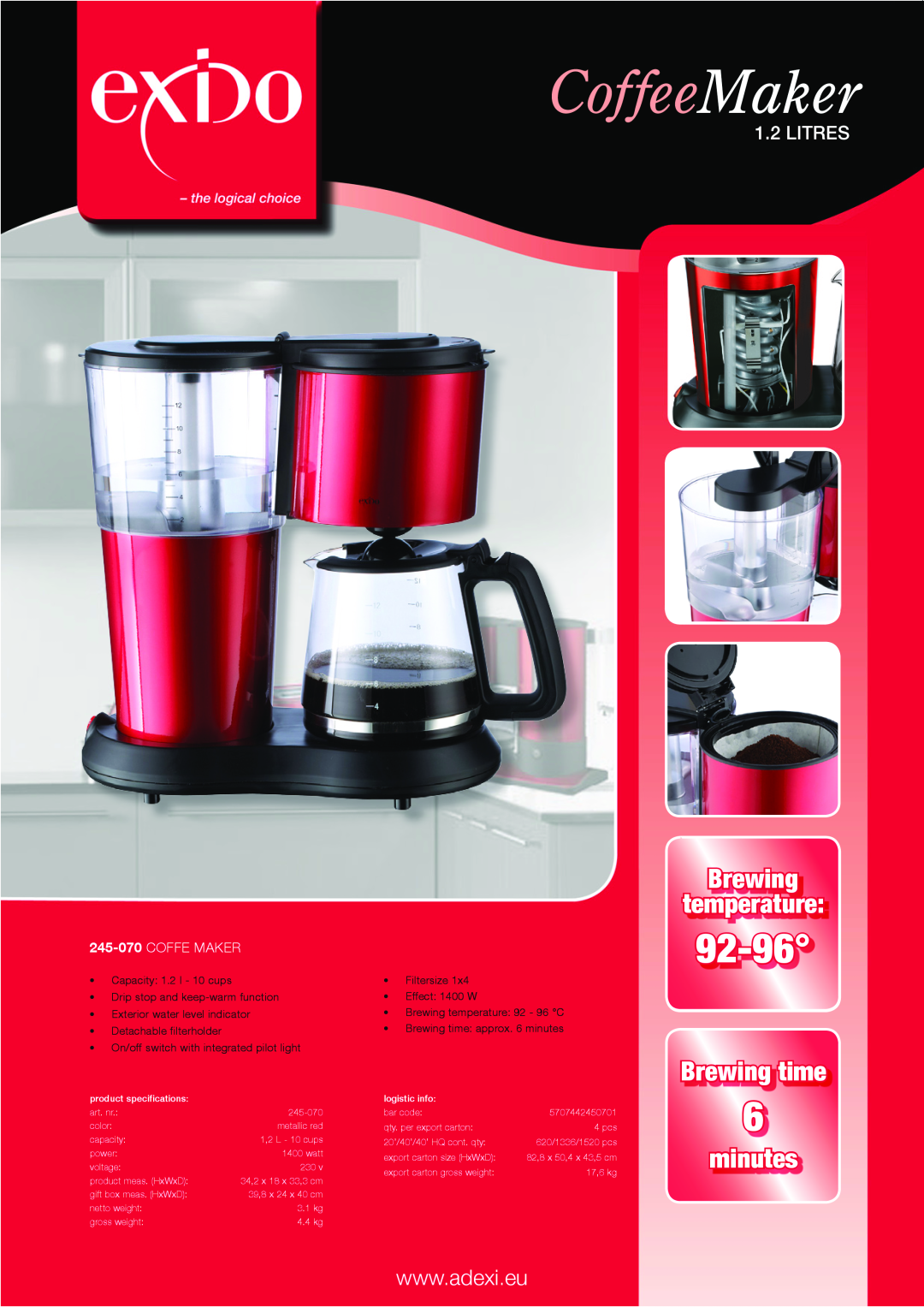 Melissa 245-070 specifications CoffeeMaker, 92-96, Brewing temperature, Brewing time, minutes, Litres, Coffe maker 