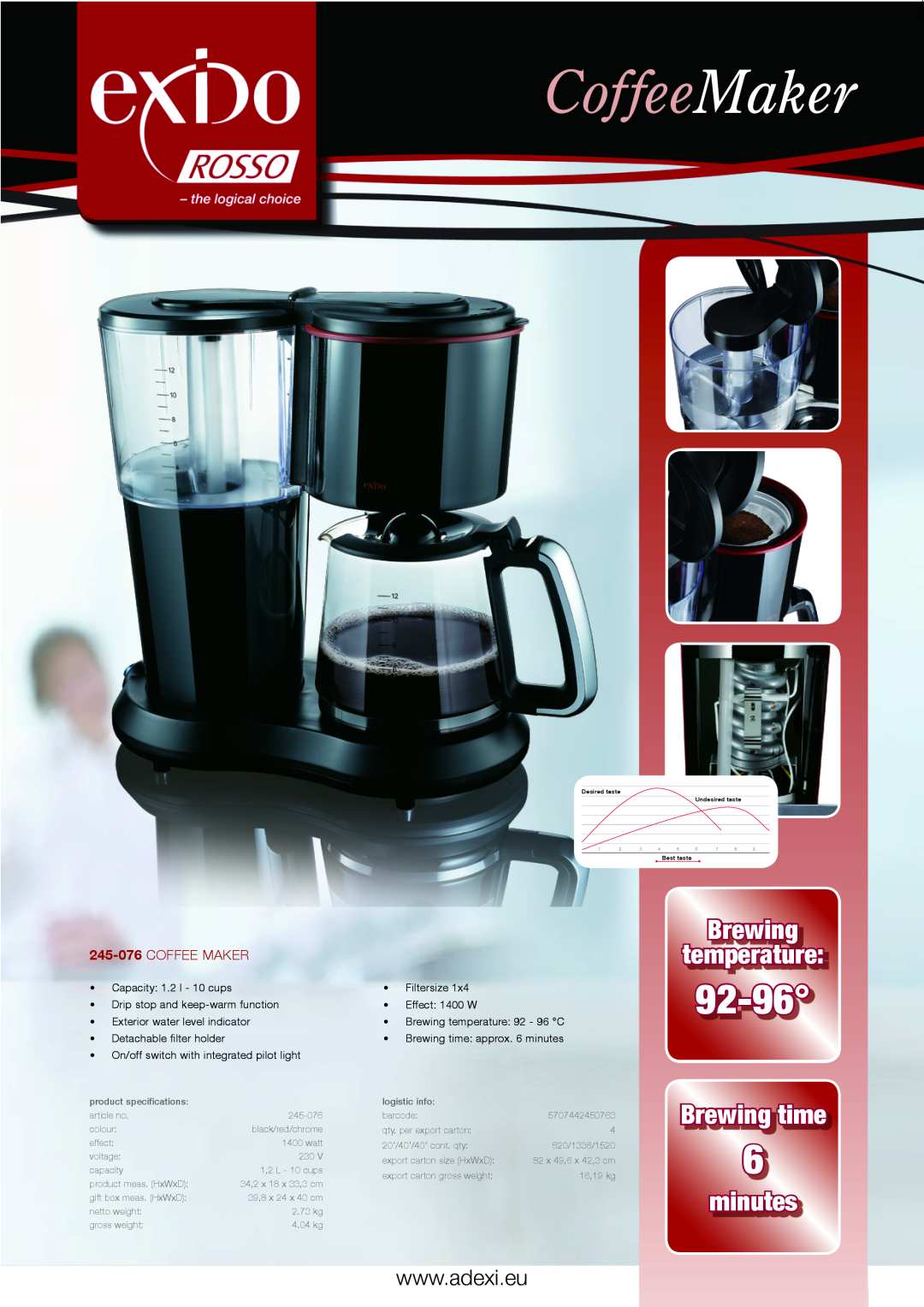 Melissa 245-076 specifications CoffeeMaker, 92-96, Brewing time, minutes, Brewing temperature, Coffee maker 