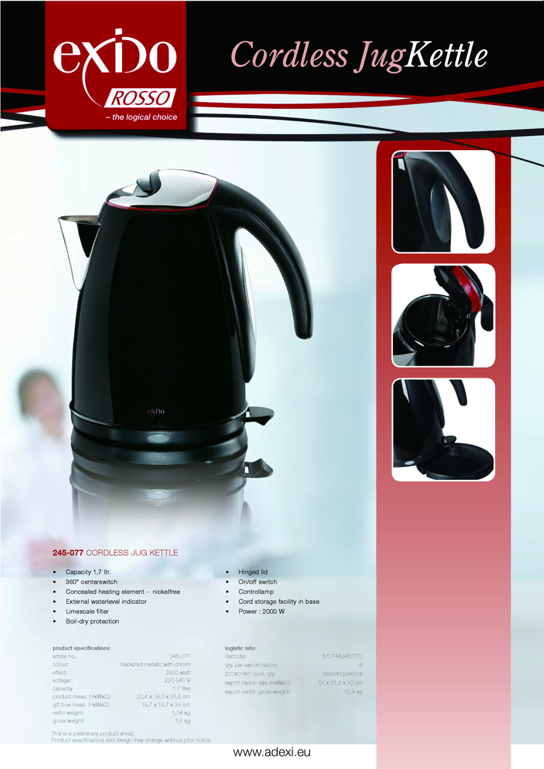 Melissa specifications Cordless JugKettle, 245-077Cordless jug kettle 