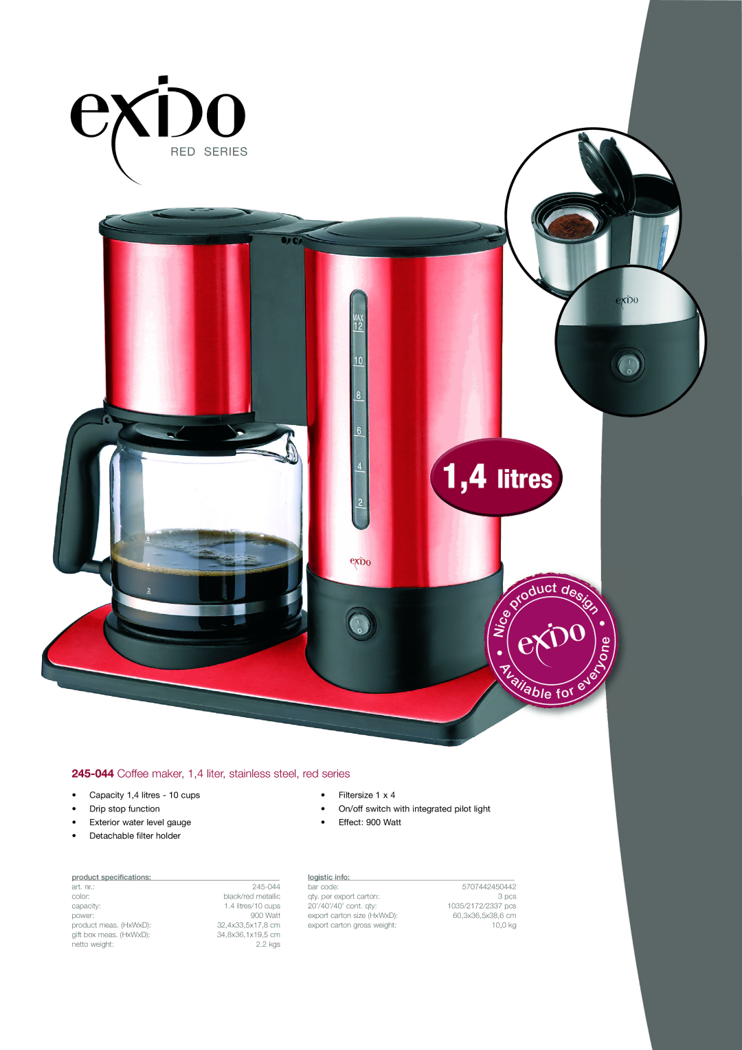 Melissa 245044 specifications Litres, 245-044Coffee maker, 1,4 liter, stainless steel, red series 