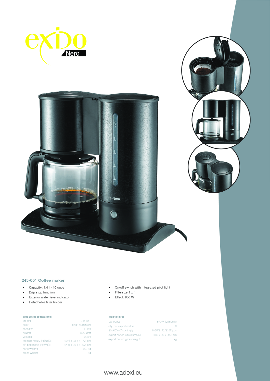 Melissa 245051 specifications 245-051Coffee maker, Capacity 1.4 l - 10 cups Drip stop function, Detachable filter holder 