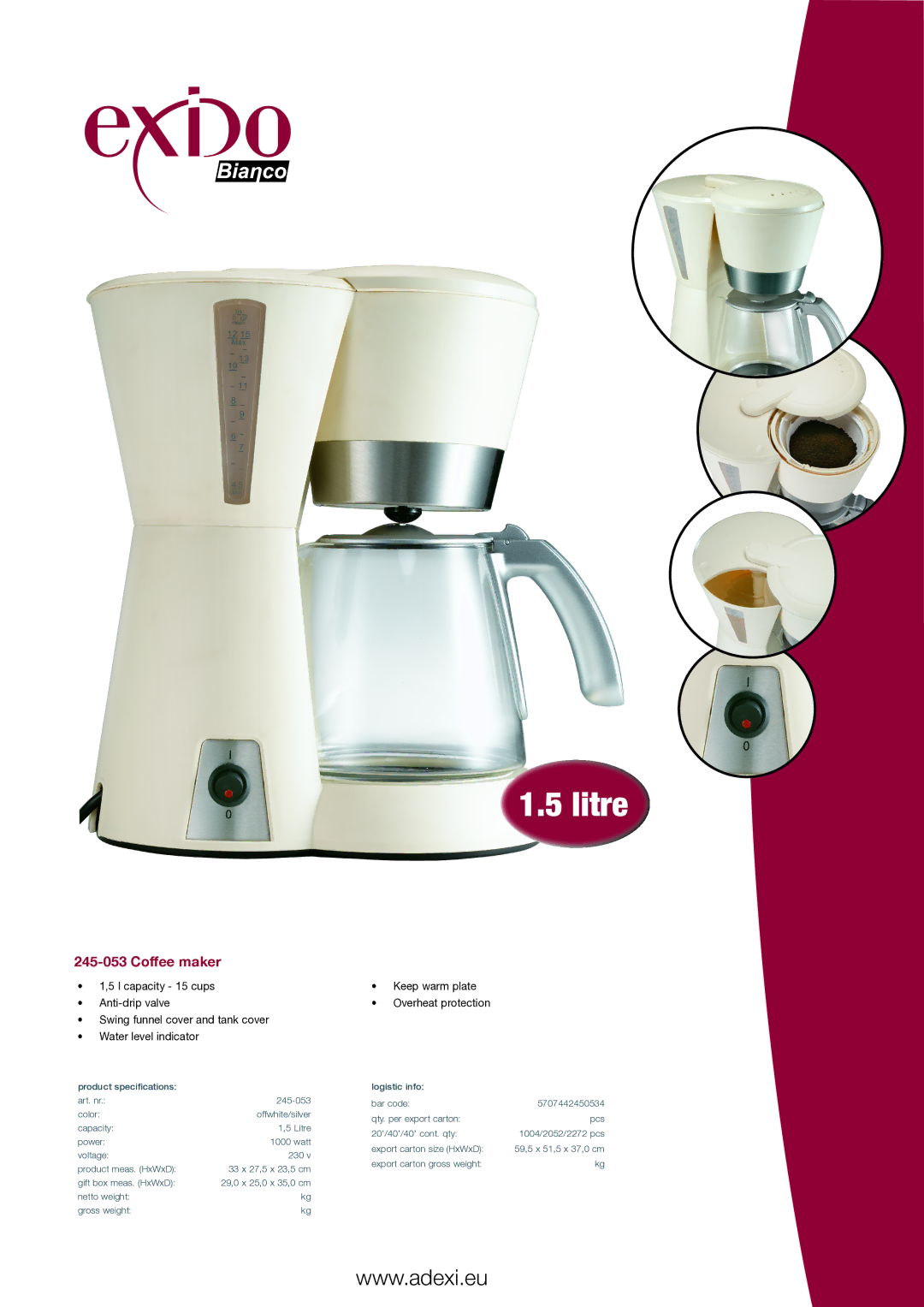 Melissa 245053 specifications Litre, Coffee maker, Keep warm plate Overheat protection 