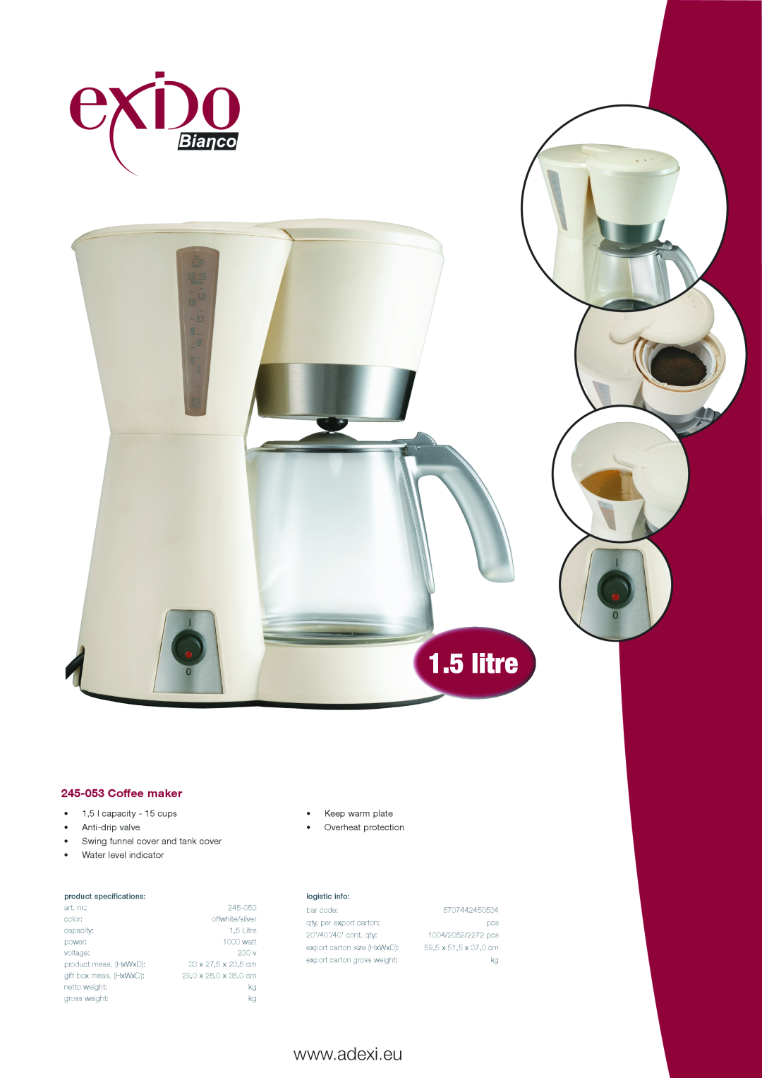 Melissa 245053 specifications litre, 245-053Coffee maker, 1,5 l capacity - 15 cups Anti-dripvalve, Water level indicator 