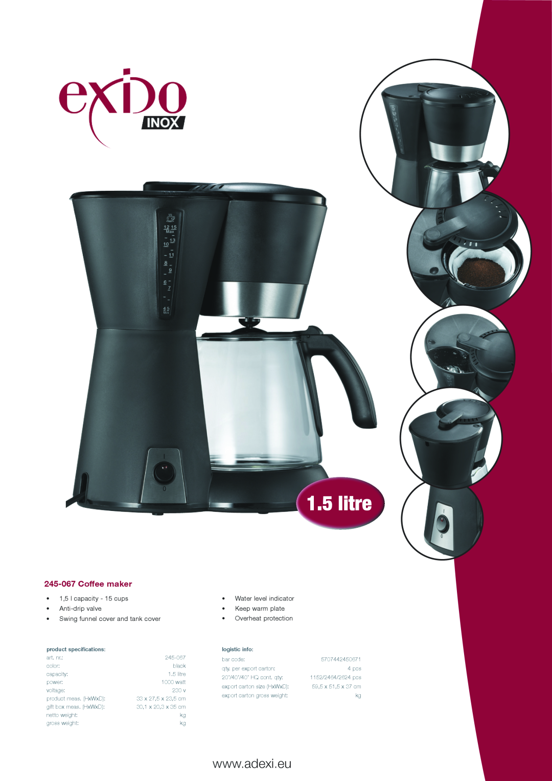 Melissa 245067 specifications litre, 245-067Coffee maker, 1,5 l capacity - 15 cups Anti-dripvalve, Overheat protection 