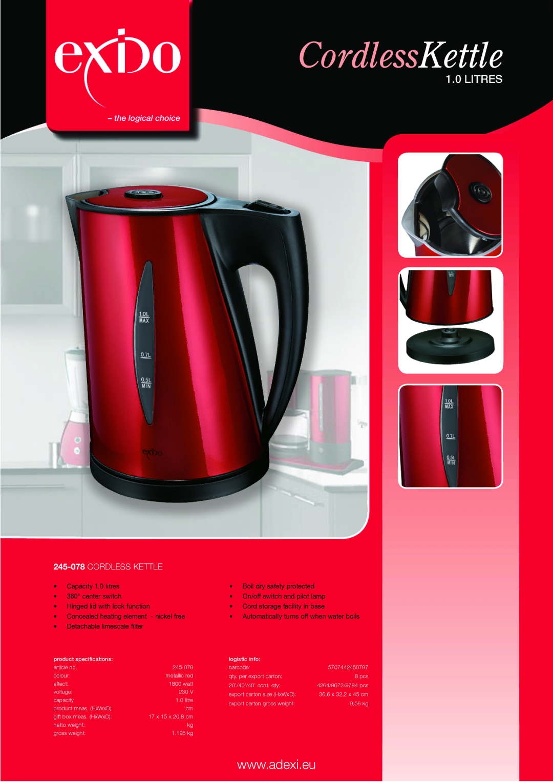 Melissa 245078 specifications CordlessKettle, Litres, 245-078Cordless kettle 