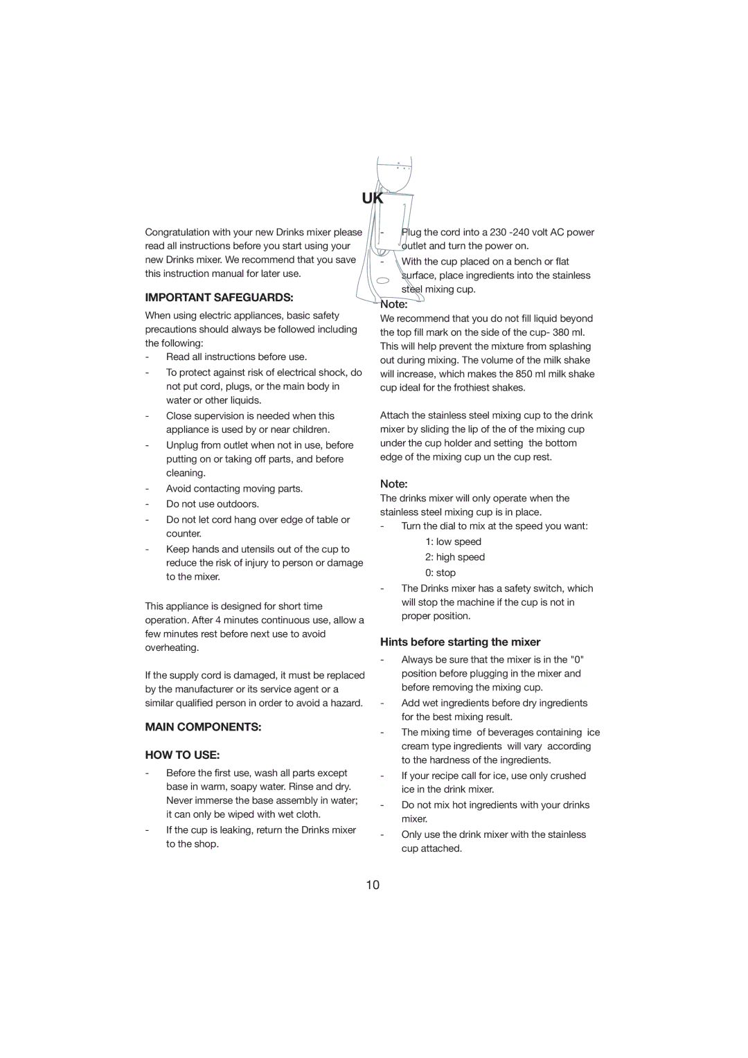 Melissa 246-002 manual Important Safeguards, Main Components HOW to USE, Hints before starting the mixer 