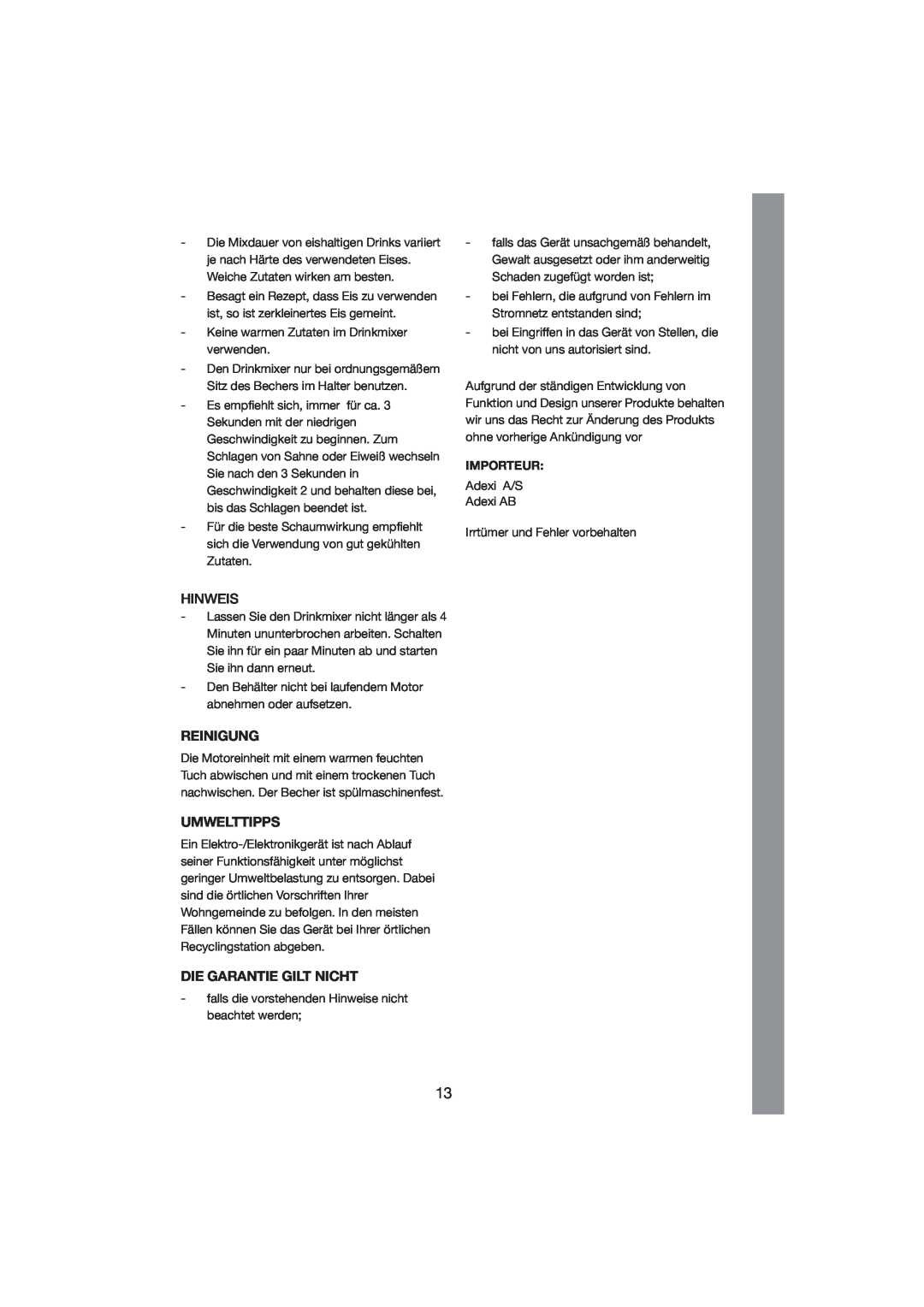 Melissa 246-002 manual Reinigung, Umwelttipps, Die Garantie Gilt Nicht, Hinweis, Importeur 