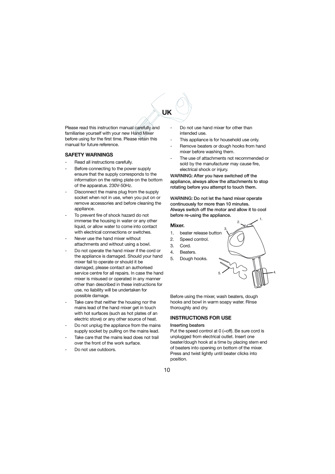 Melissa 246-003 manual Safety Warnings, Mixer, Instructions for USE 