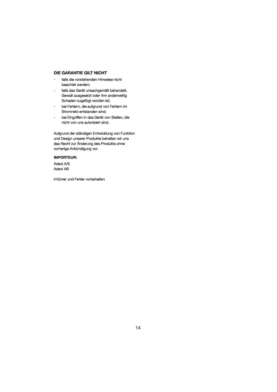 Melissa 246-006 manual Die Garantie Gilt Nicht, Importeur 