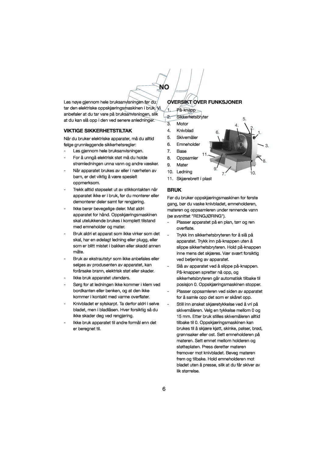 Melissa 246-006 manual Viktige Sikkerhetstiltak, Oversikt Over Funksjoner, Bruk 