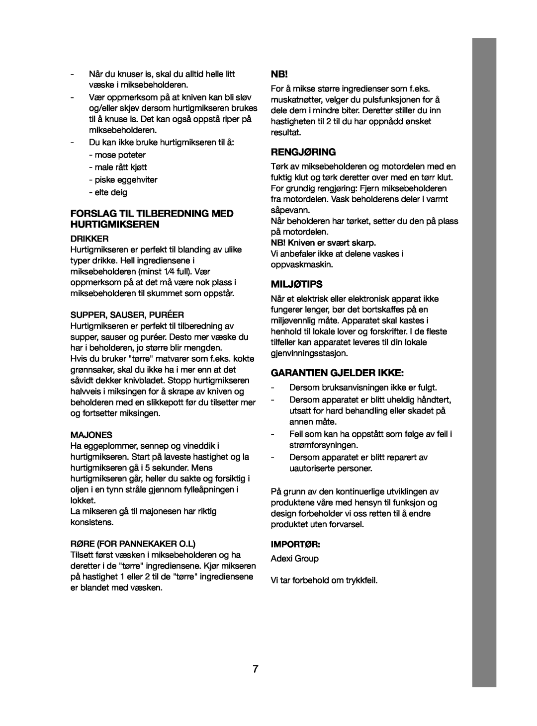 Melissa 246-001, 246-012 manual Forslag Til Tilberedning Med Hurtigmikseren, Rengjøring, Miljøtips, Garantien Gjelder Ikke 
