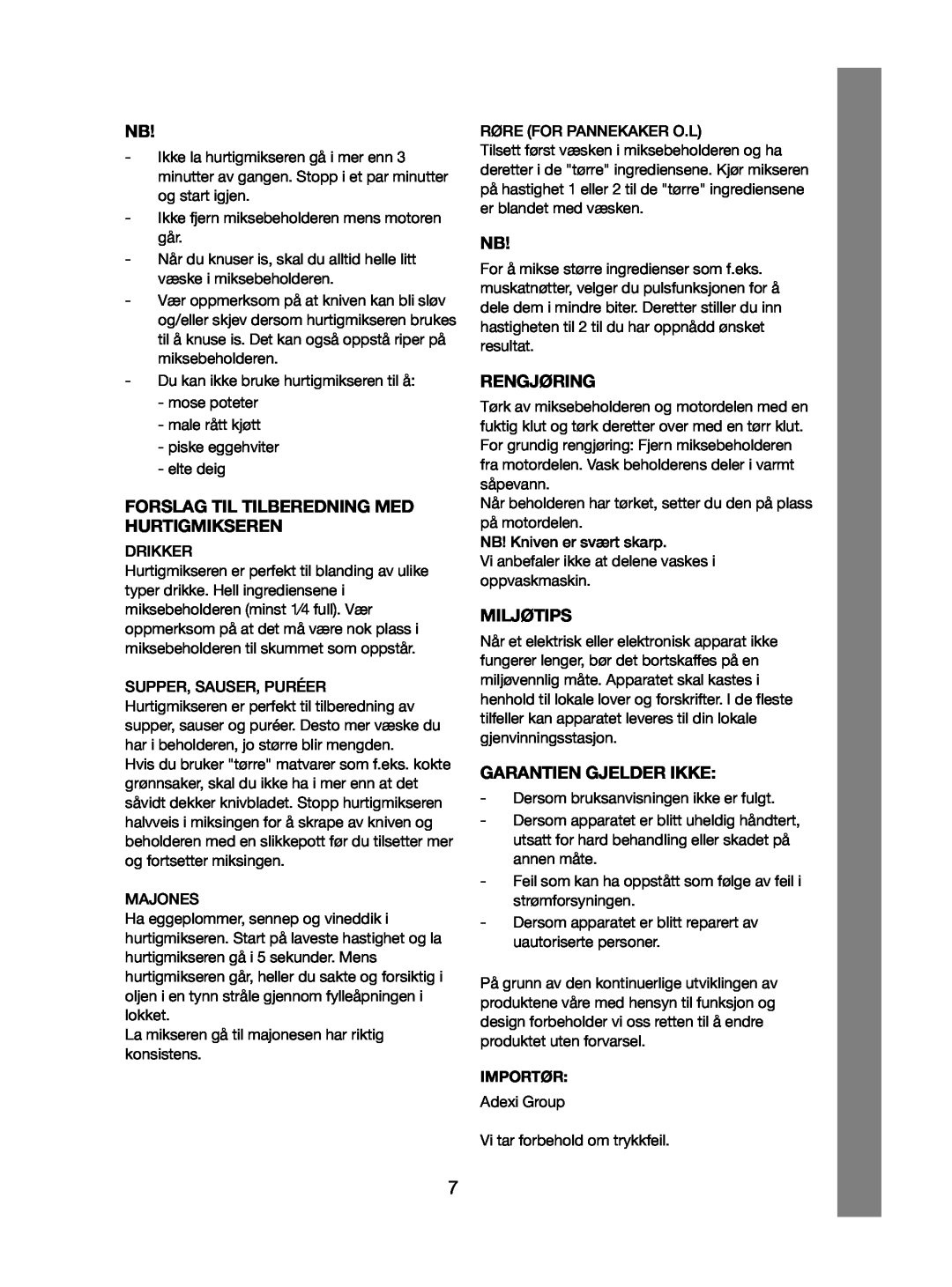 Melissa 246-015 manual Forslag Til Tilberedning Med Hurtigmikseren, Rengjøring, Miljøtips, Garantien Gjelder Ikke 