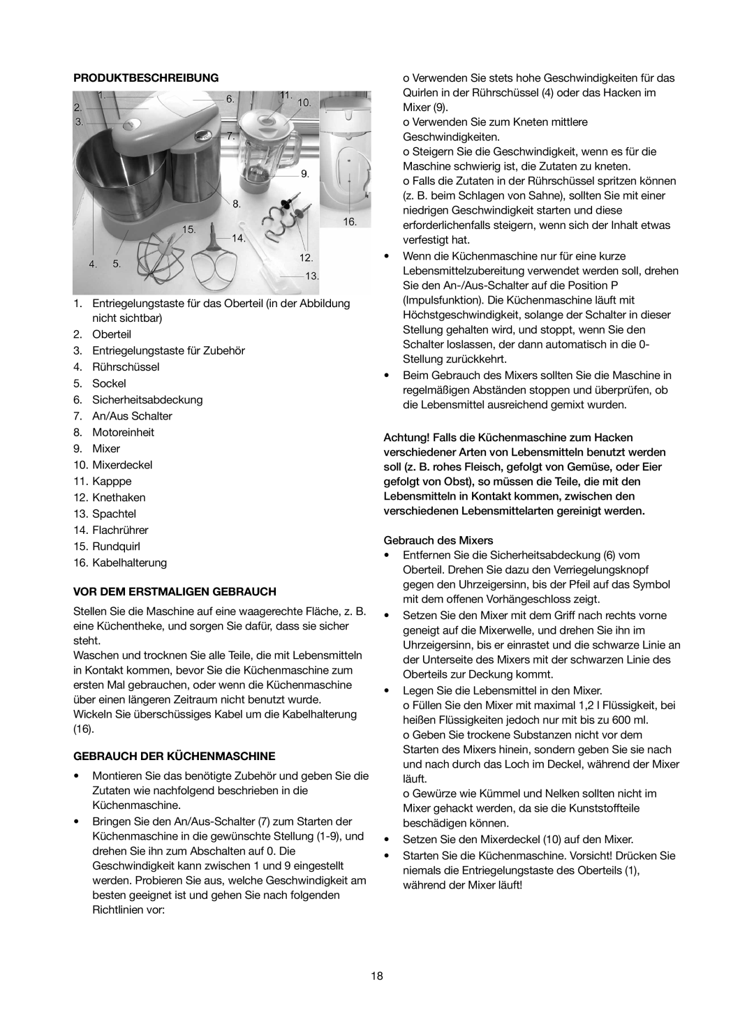 Melissa 246-016 manual Produktbeschreibung, VOR DEM Erstmaligen Gebrauch, Gebrauch DER Küchenmaschine 