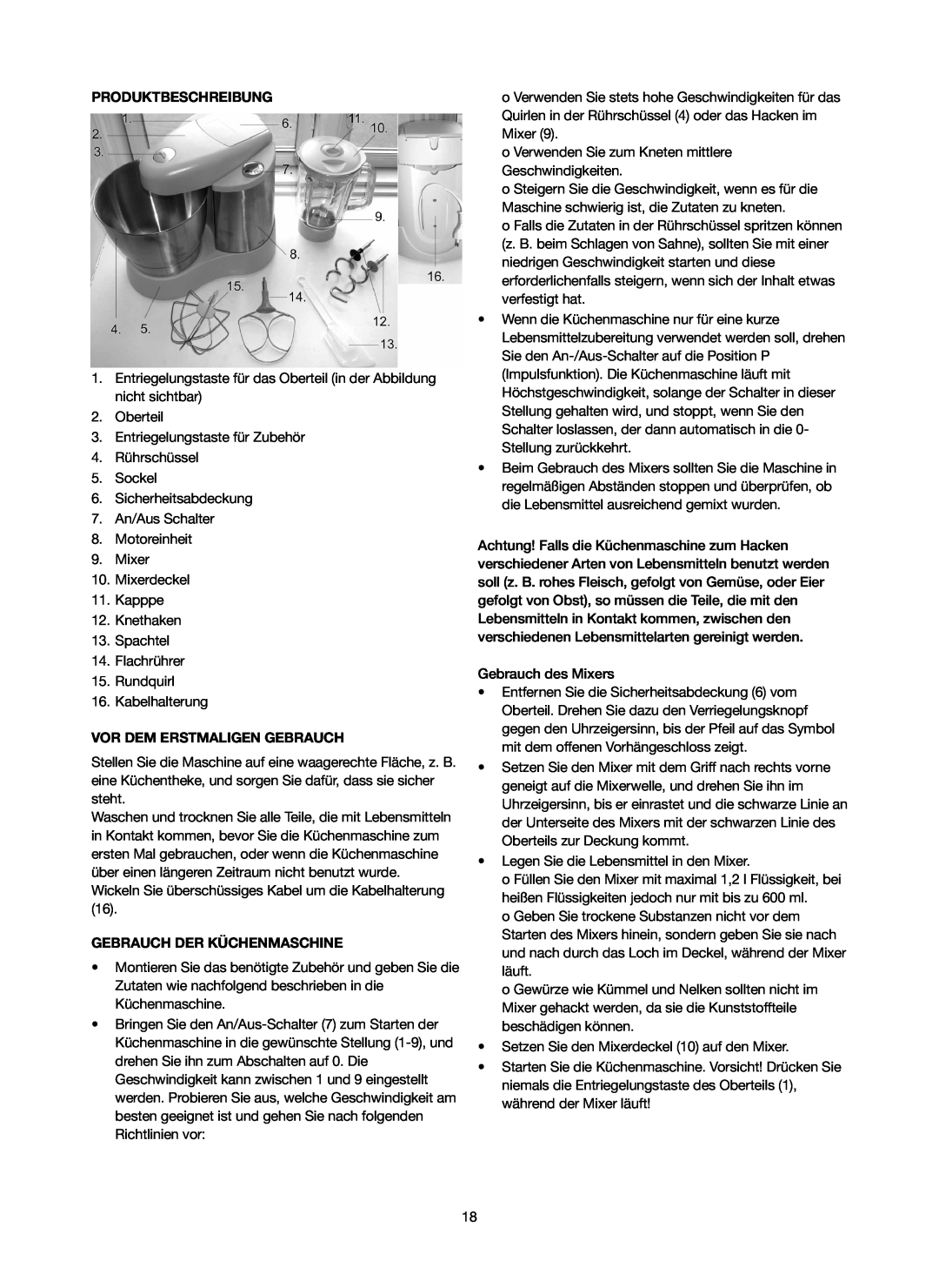 Melissa 246-016 manual Produktbeschreibung, Vor Dem Erstmaligen Gebrauch, Gebrauch Der Küchenmaschine 
