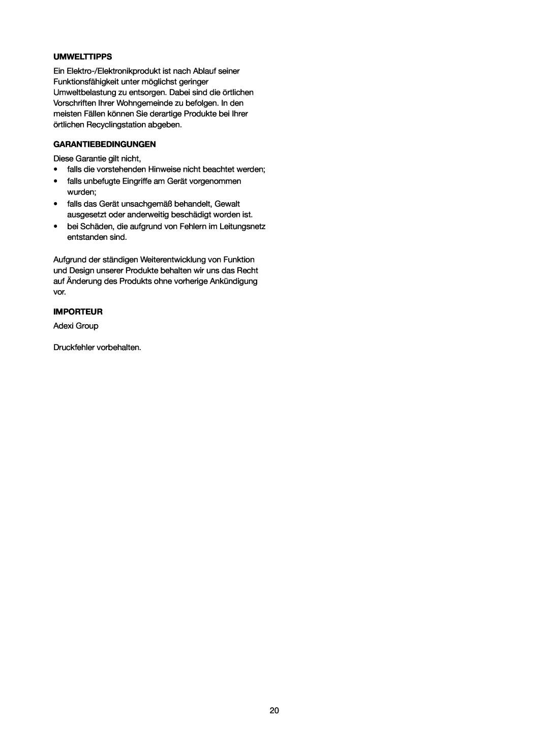 Melissa 246-016 manual Umwelttipps, Garantiebedingungen, Importeur 