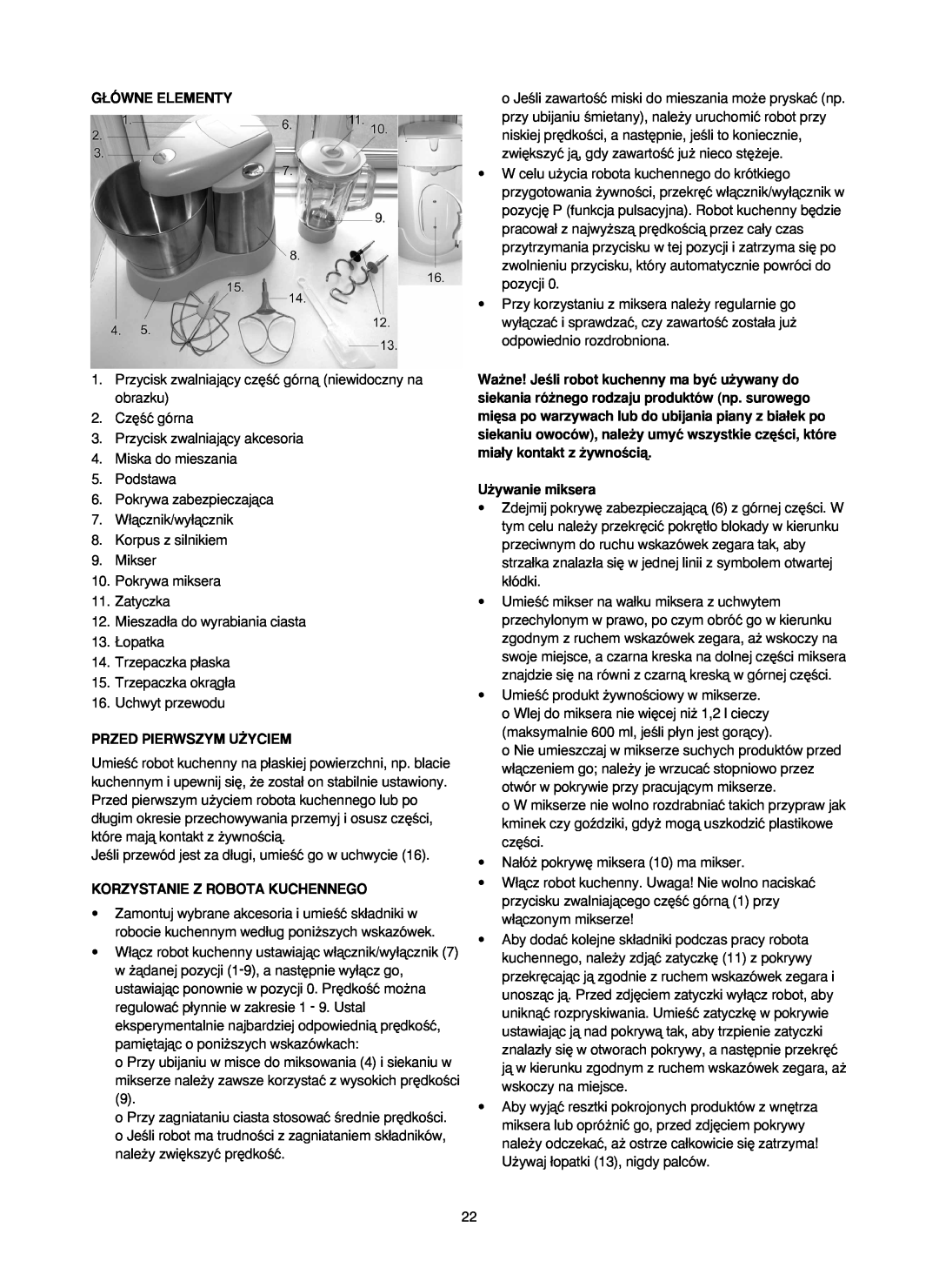 Melissa 246-016 manual G¸Ówne Elementy, Przed Pierwszym U˚Yciem, Korzystanie Z Robota Kuchennego, U˝ywanie miksera 
