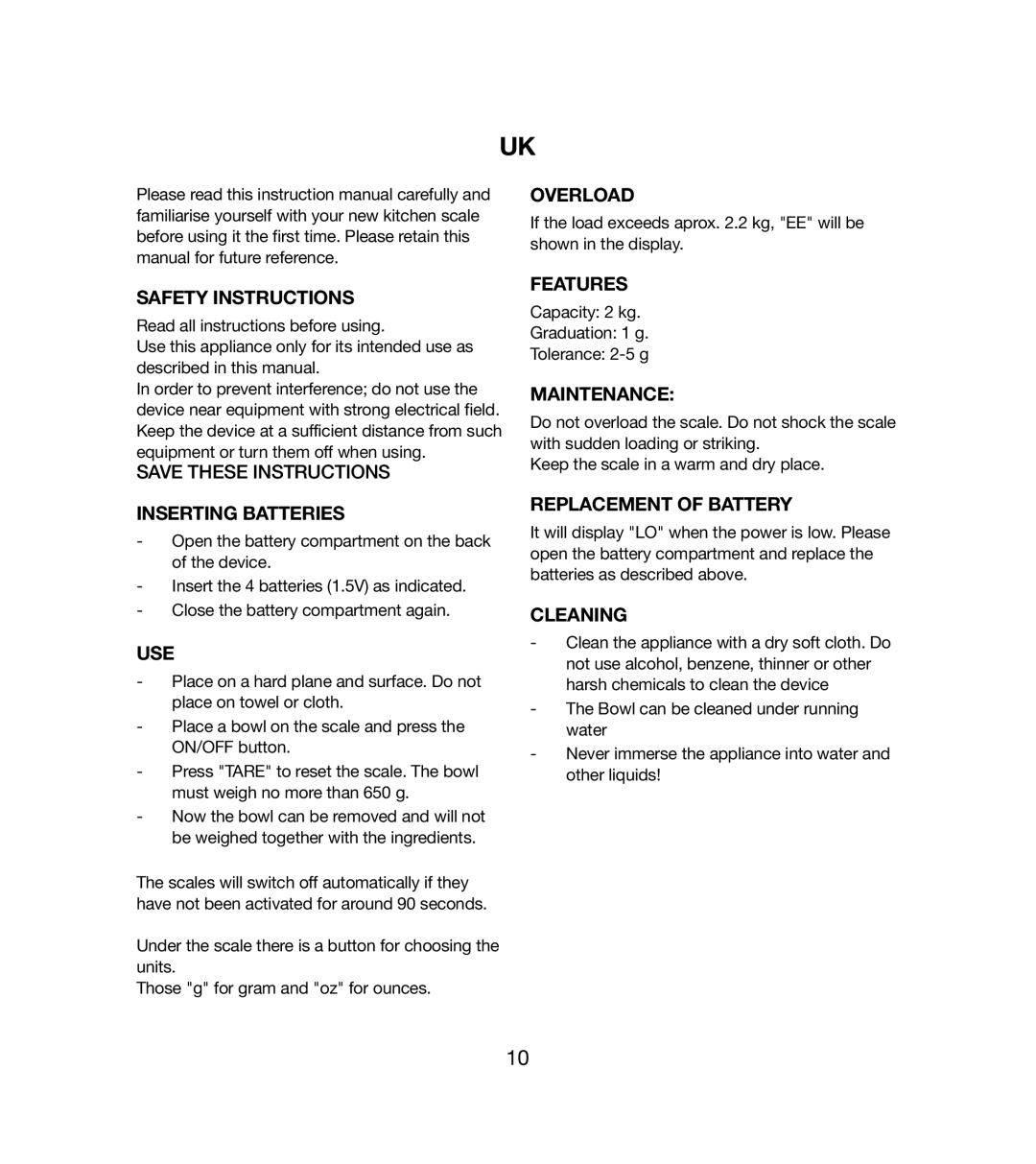 Melissa 246-020 Safety Instructions, Inserting Batteries, Use, Overload, Features, Maintenance, Replacement of Battery 