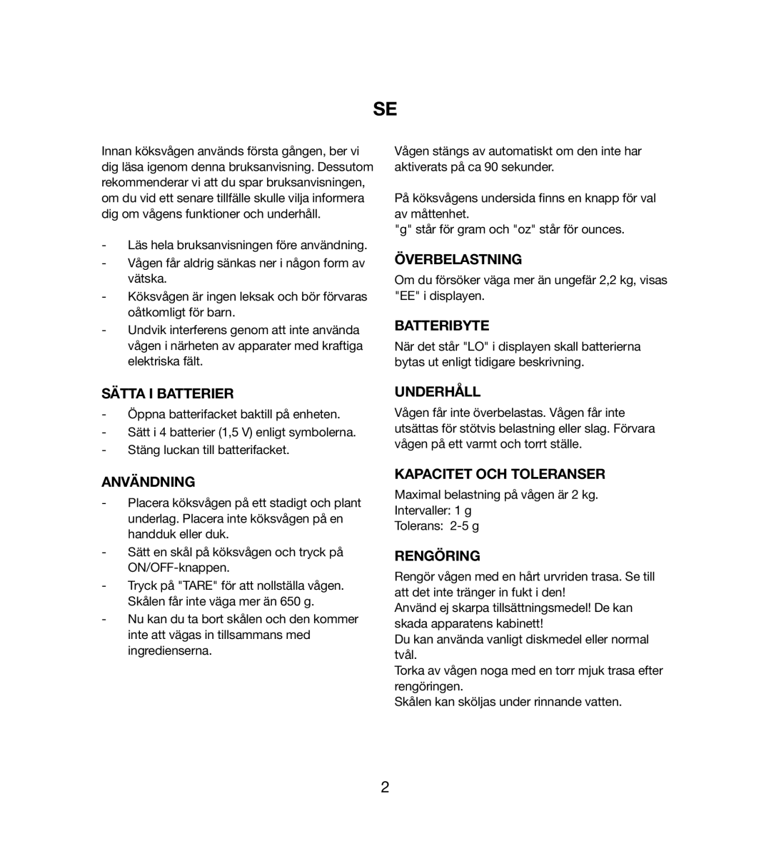 Melissa 246-020 Överbelastning, Batteribyte, Sätta I Batterier, Användning, Underhåll, Kapacitet OCH Toleranser, Rengöring 