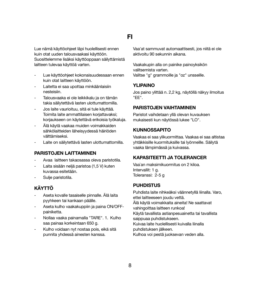 Melissa 246-020 Paristojen Laittaminen, Ylipaino, Paristojen Vaihtaminen, Kunnossapito, Kapasiteetti JA Tolerancer, Käyttö 