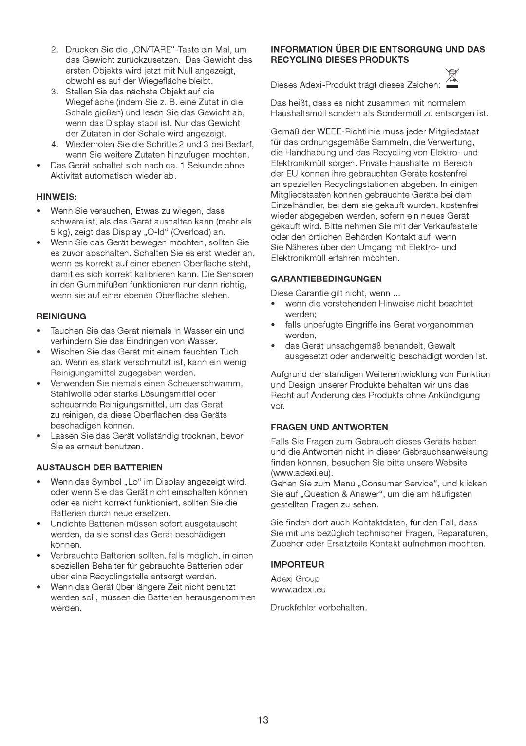 Melissa 246-031 manual Hinweis, Reinigung, Austausch DER Batterien, Garantiebedingungen, Fragen UND Antworten, Importeur 