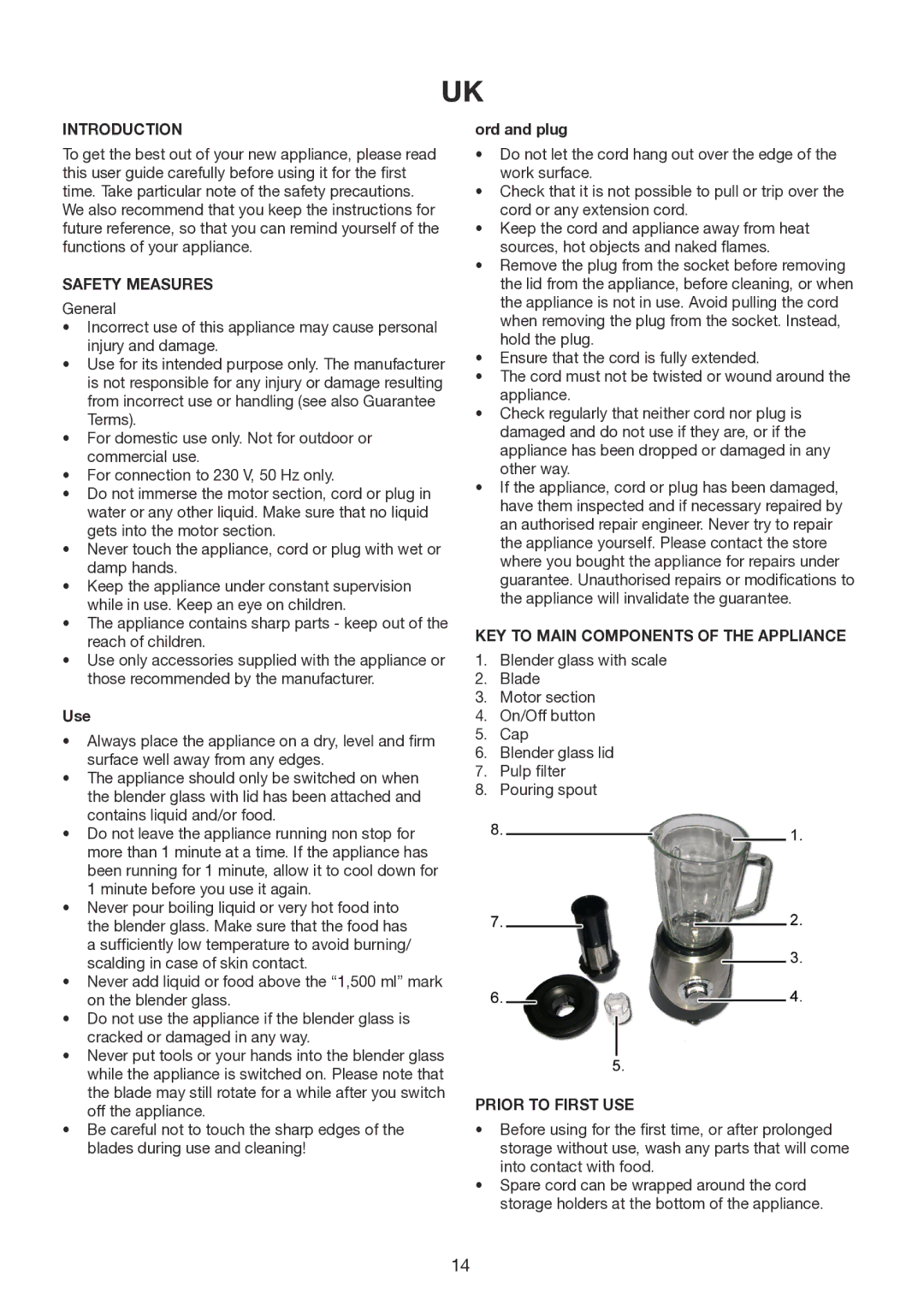 Melissa 246-035 manual Introduction, Safety Measures, KEY to Main Components of the Appliance, Prior to First USE 