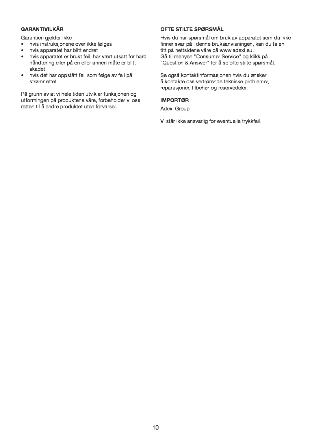 Melissa 246-035 manual Garantivilkår, Ofte Stilte Spørsmål, Importør 