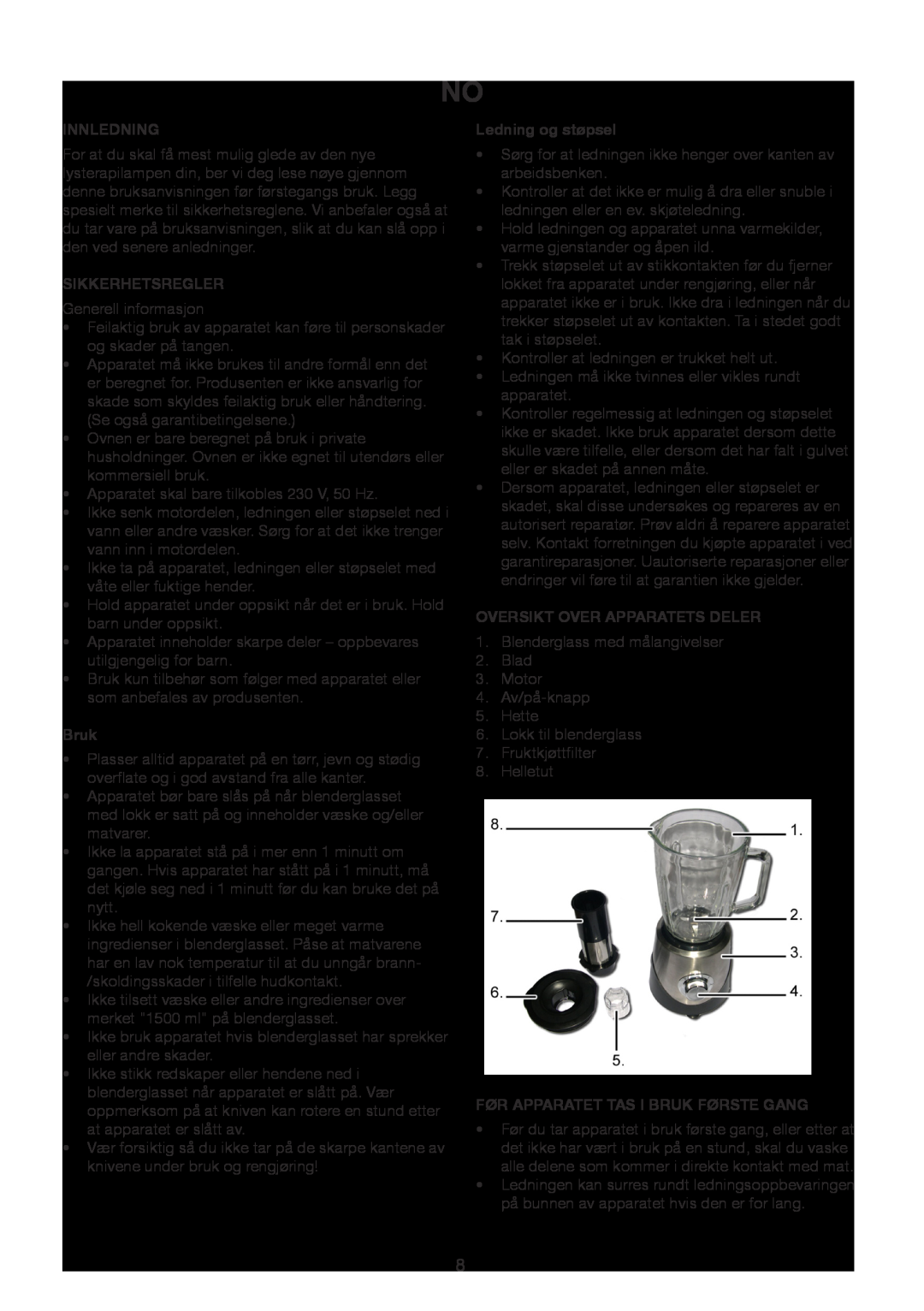 Melissa 246-035 manual Innledning, Sikkerhetsregler, Bruk, Ledning og støpsel, Oversikt Over Apparatets Deler 