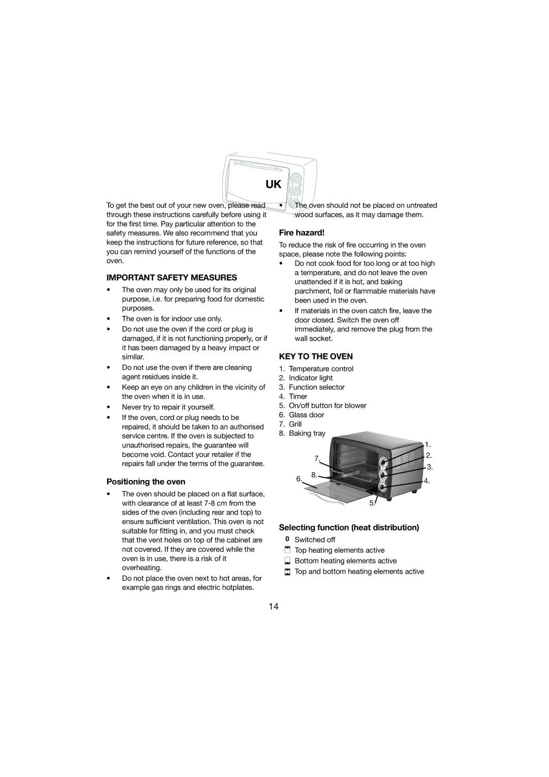 Melissa 251-003 manual Important Safety Measures, Positioning the oven, Fire hazard, KEY to the Oven 
