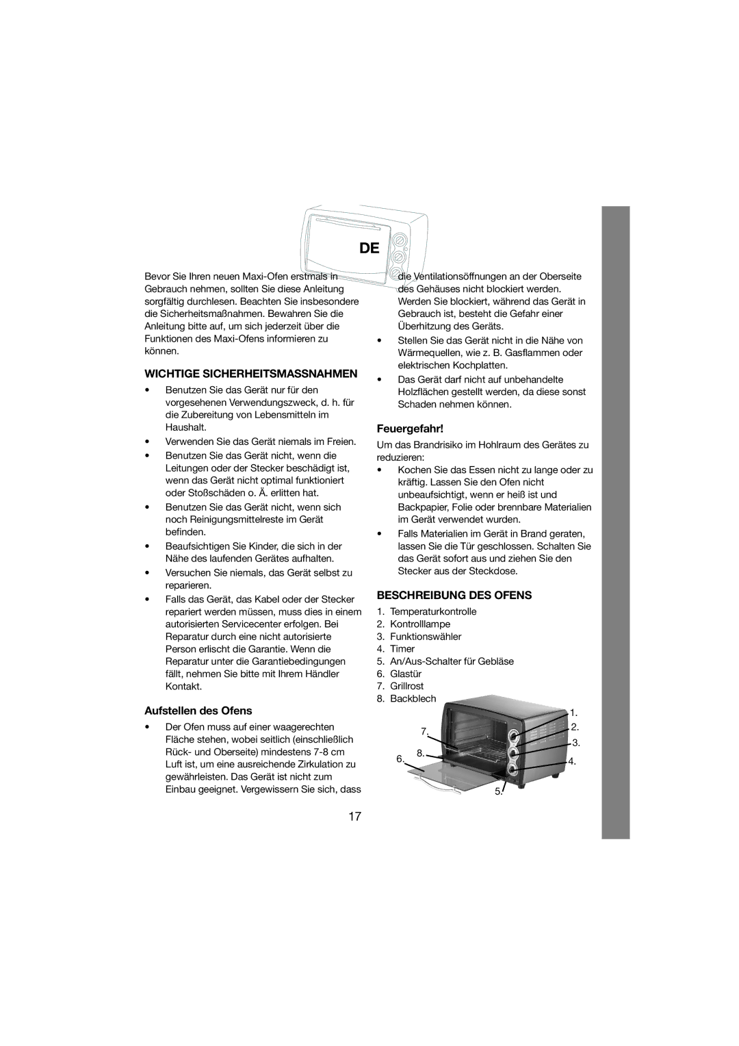 Melissa 251-003 manual Wichtige Sicherheitsmassnahmen, Aufstellen des Ofens, Feuergefahr, Beschreibung DES Ofens 