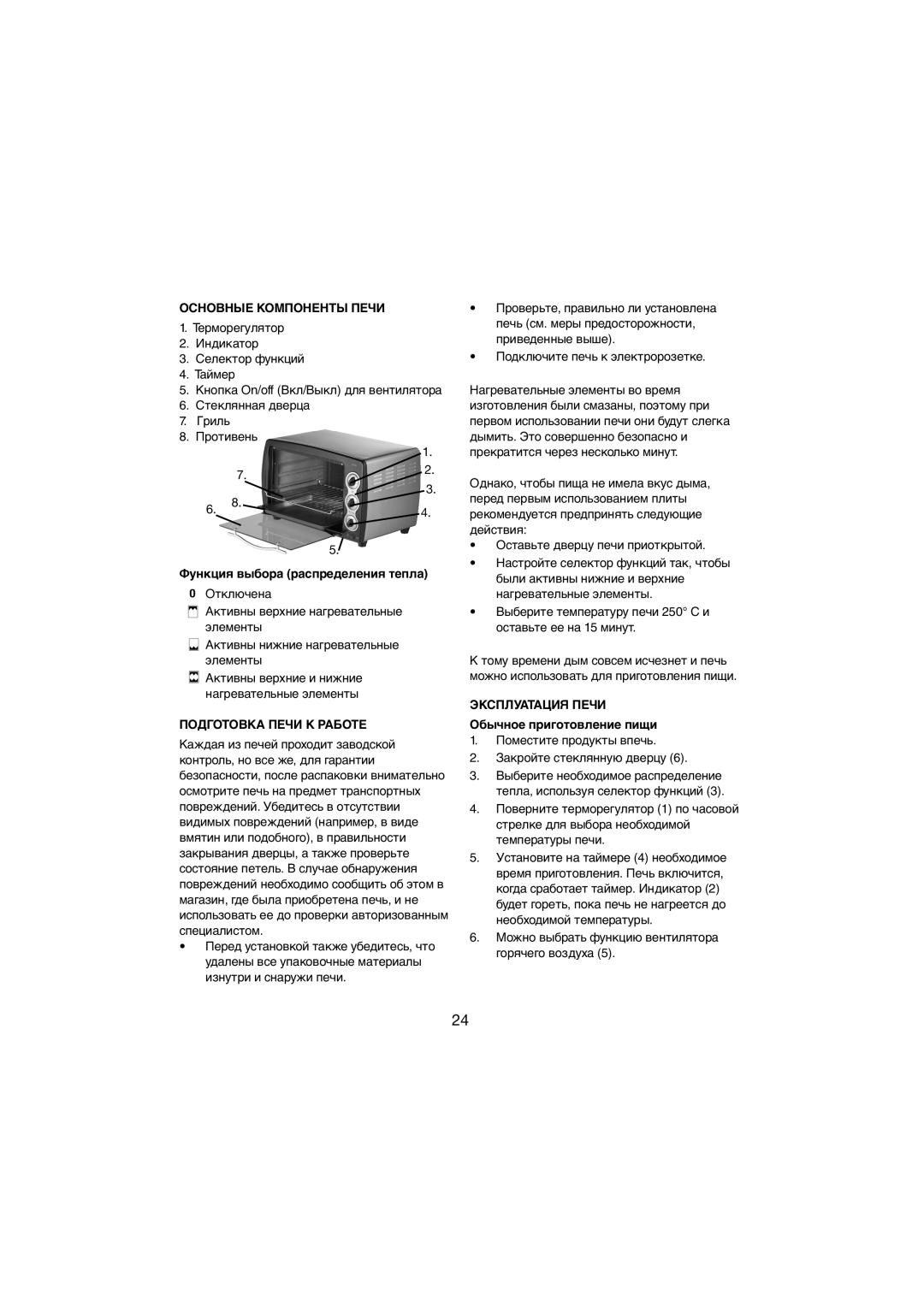 Melissa 251-003 Основные Компоненты Печи, Функция выбора распределения тепла, Подготовка Печи К Работе, Эксплуатация Печи 