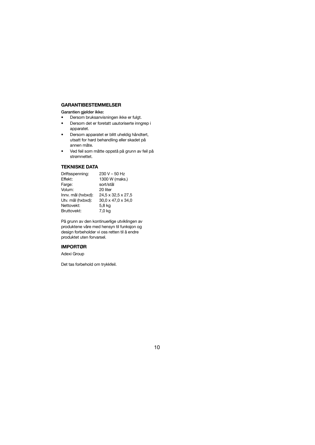 Melissa 251-003 manual Garantibestemmelser, Tekniske Data, Importør 