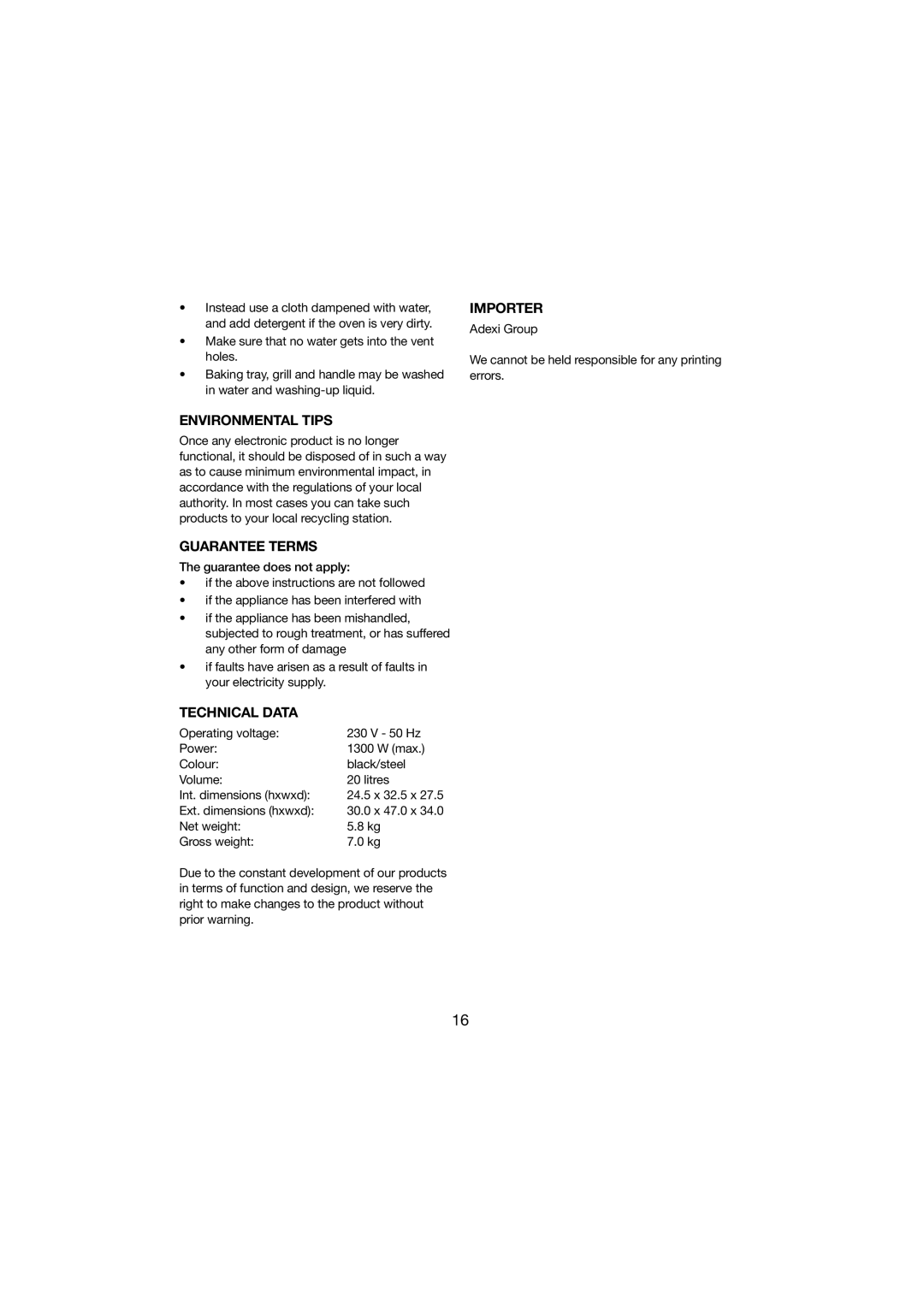 Melissa 251-003 manual Environmental Tips, Guarantee Terms, Technical Data, Importer 