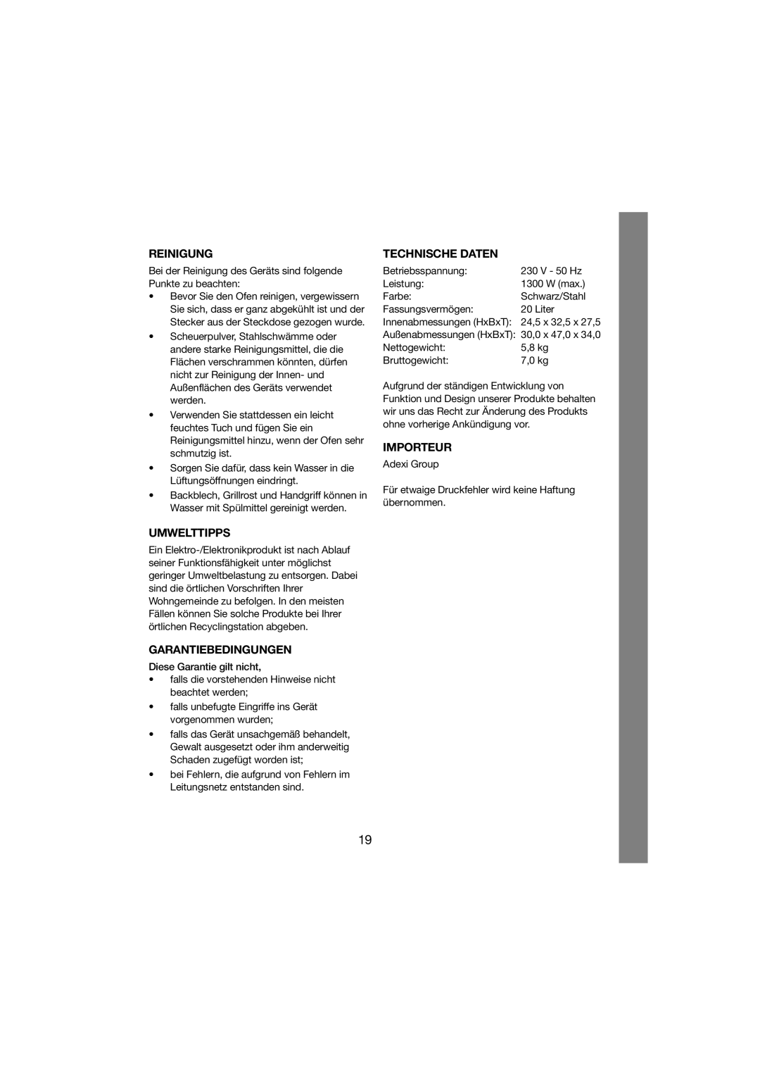 Melissa 251-003 manual Reinigung, Umwelttipps, Garantiebedingungen, Technische Daten, Importeur 