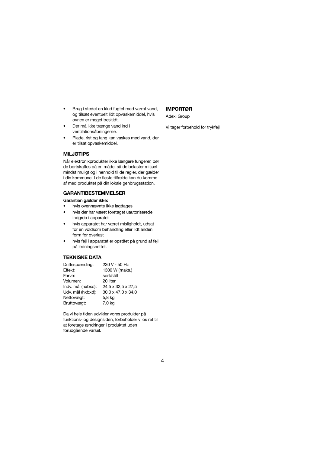 Melissa 251-003 manual Miljøtips, Garantibestemmelser, Tekniske Data, Importør 