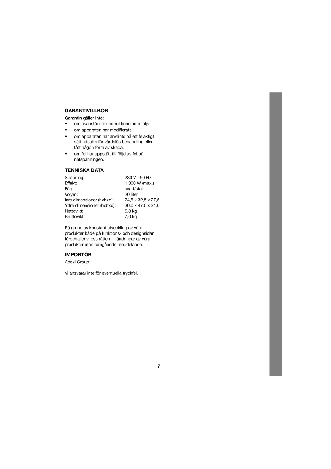 Melissa 251-003 manual Garantivillkor, Tekniska Data, Importör 