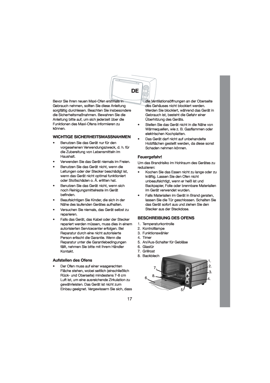 Melissa 251-003/004 manual Wichtige Sicherheitsmassnahmen, Aufstellen des Ofens, Feuergefahr, Beschreibung Des Ofens 
