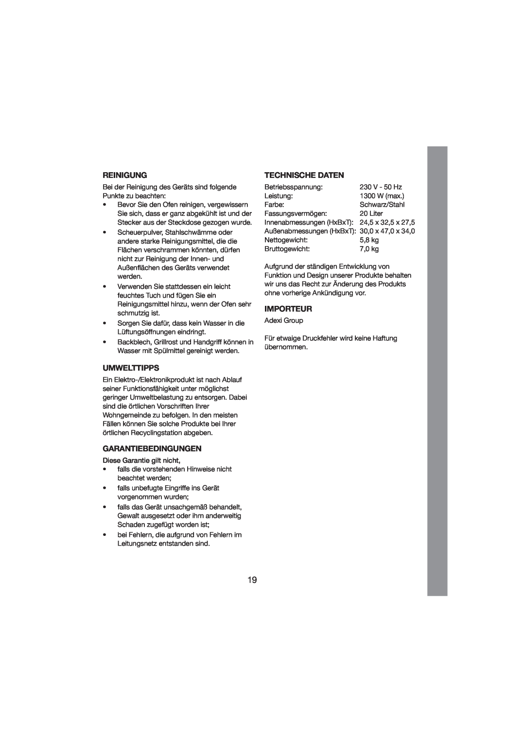 Melissa 251-003/004 manual Reinigung, Umwelttipps, Garantiebedingungen, Technische Daten, Importeur 