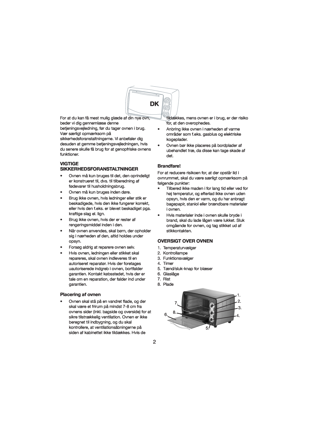 Melissa 251-003/004 manual Vigtige Sikkerhedsforanstaltninger, Placering af ovnen, Brandfare, Oversigt Over Ovnen 