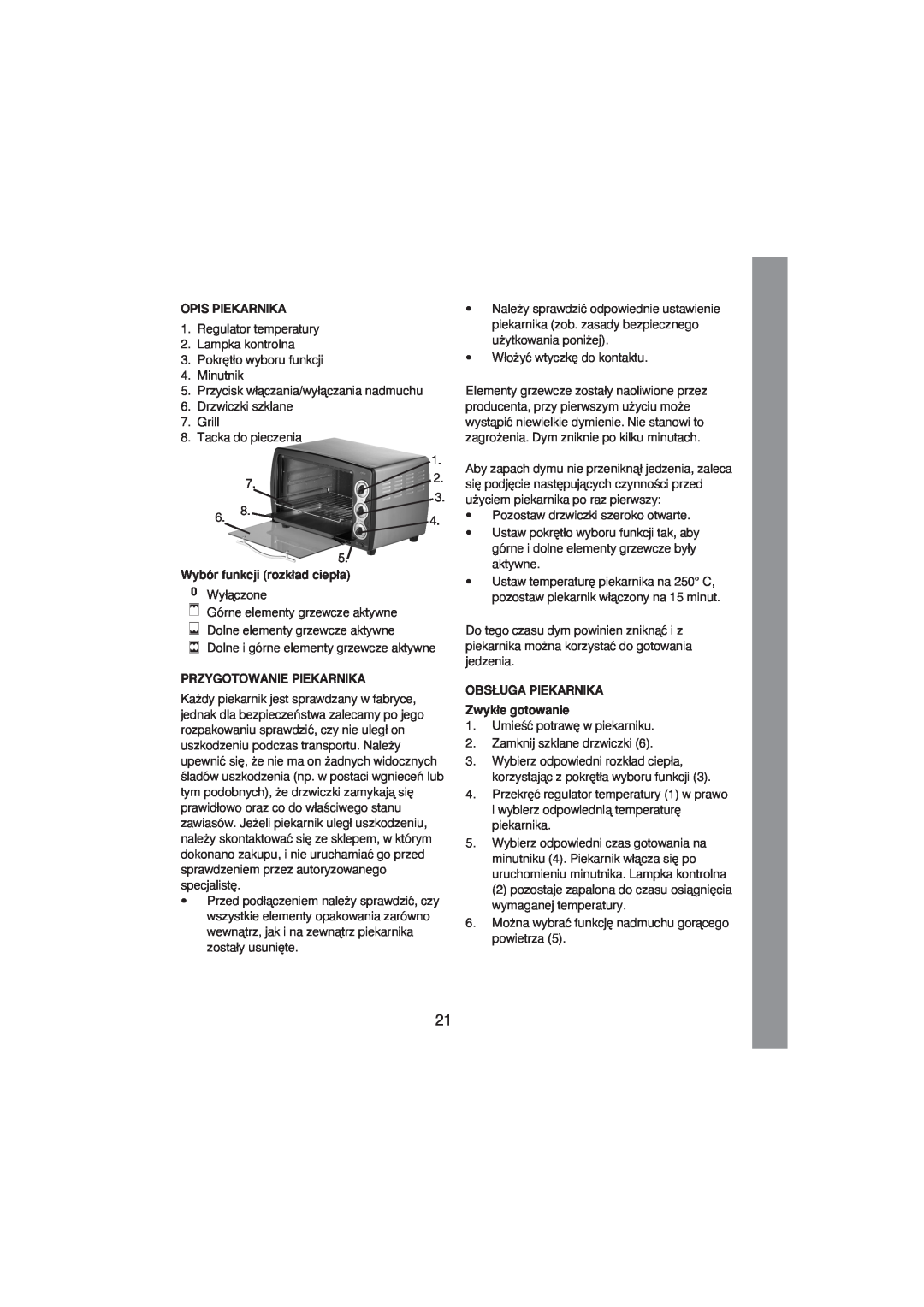 Melissa 251-003/004 manual Opis Piekarnika, Wybór funkcji rozk∏ad ciep∏a, Przygotowanie Piekarnika 