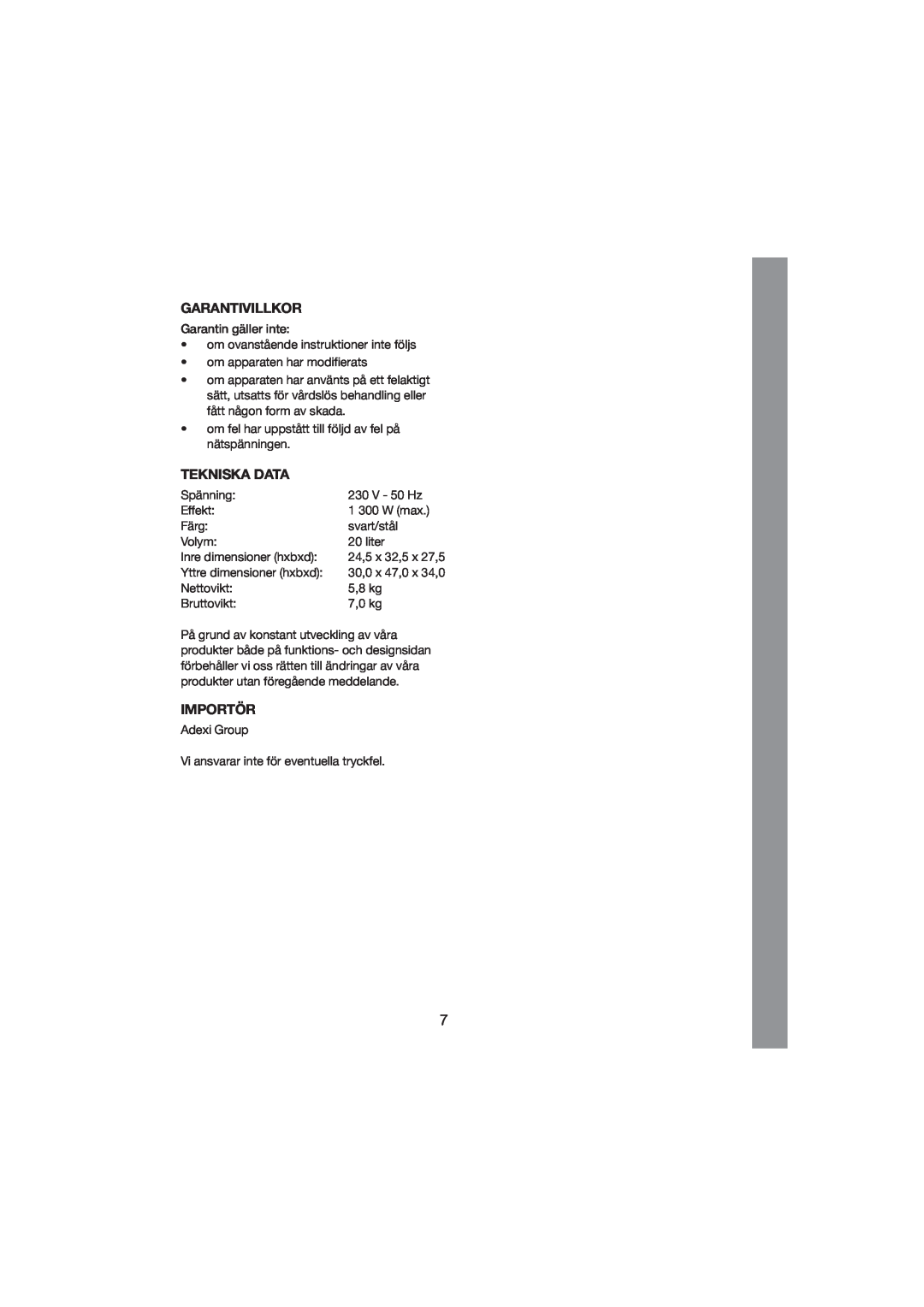 Melissa 251-003/004 manual Garantivillkor, Tekniska Data, Importör 