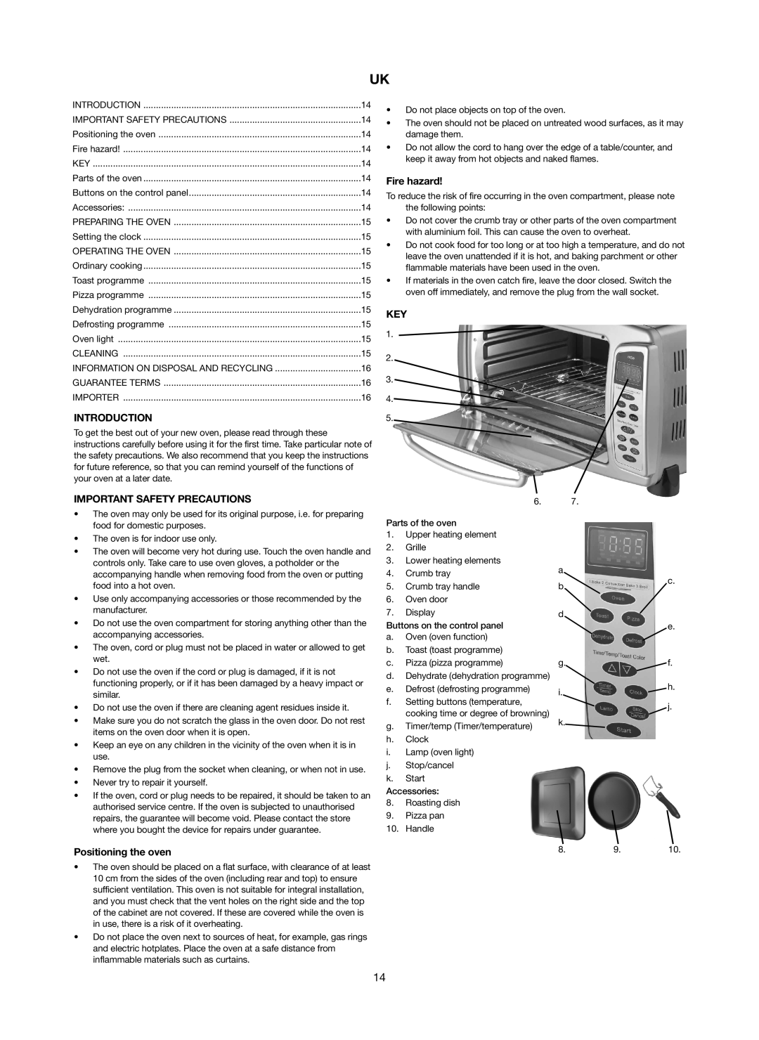 Melissa 251-005 manual Fire hazard, Introduction, Important Safety Precautions, Key, Positioning the oven 