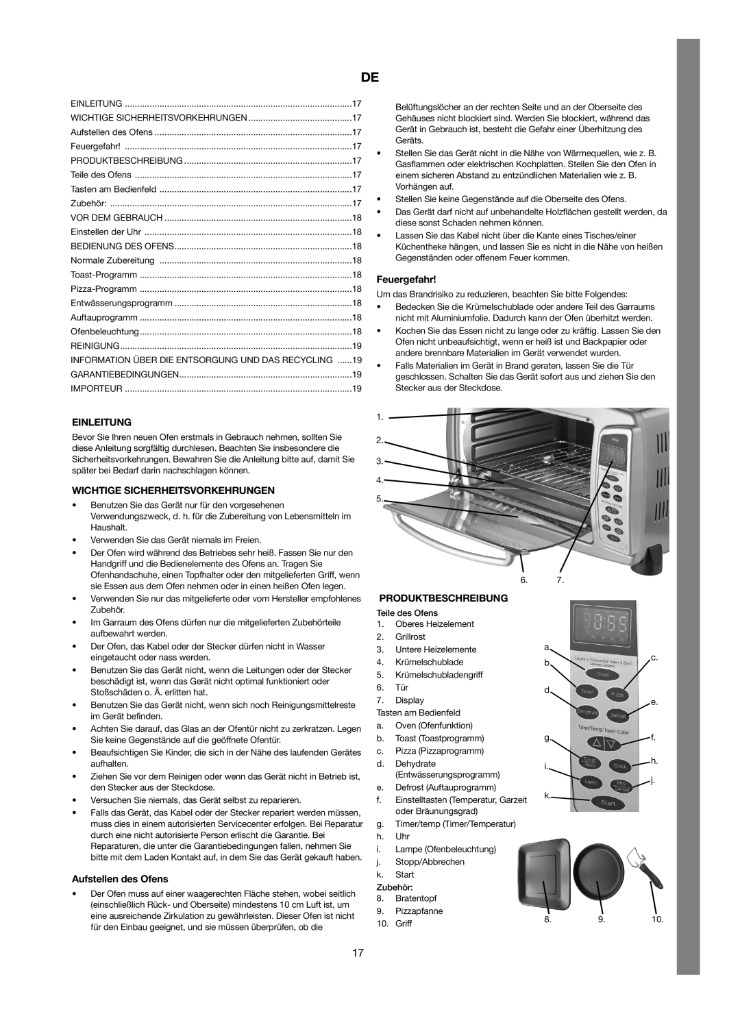 Melissa 251-005 manual Einleitung, Wichtige Sicherheitsvorkehrungen, Aufstellen des Ofens, Feuergefahr, Produktbeschreibung 