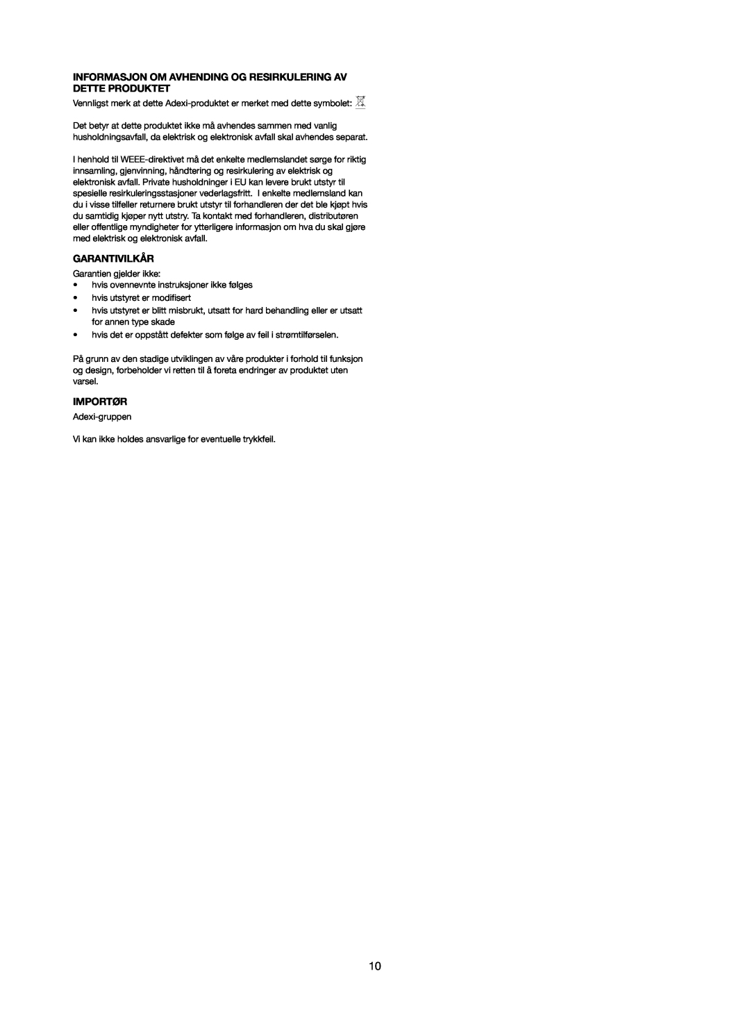 Melissa 251-005 manual Informasjon Om Avhending Og Resirkulering Av Dette Produktet, Garantivilkår, Importør 