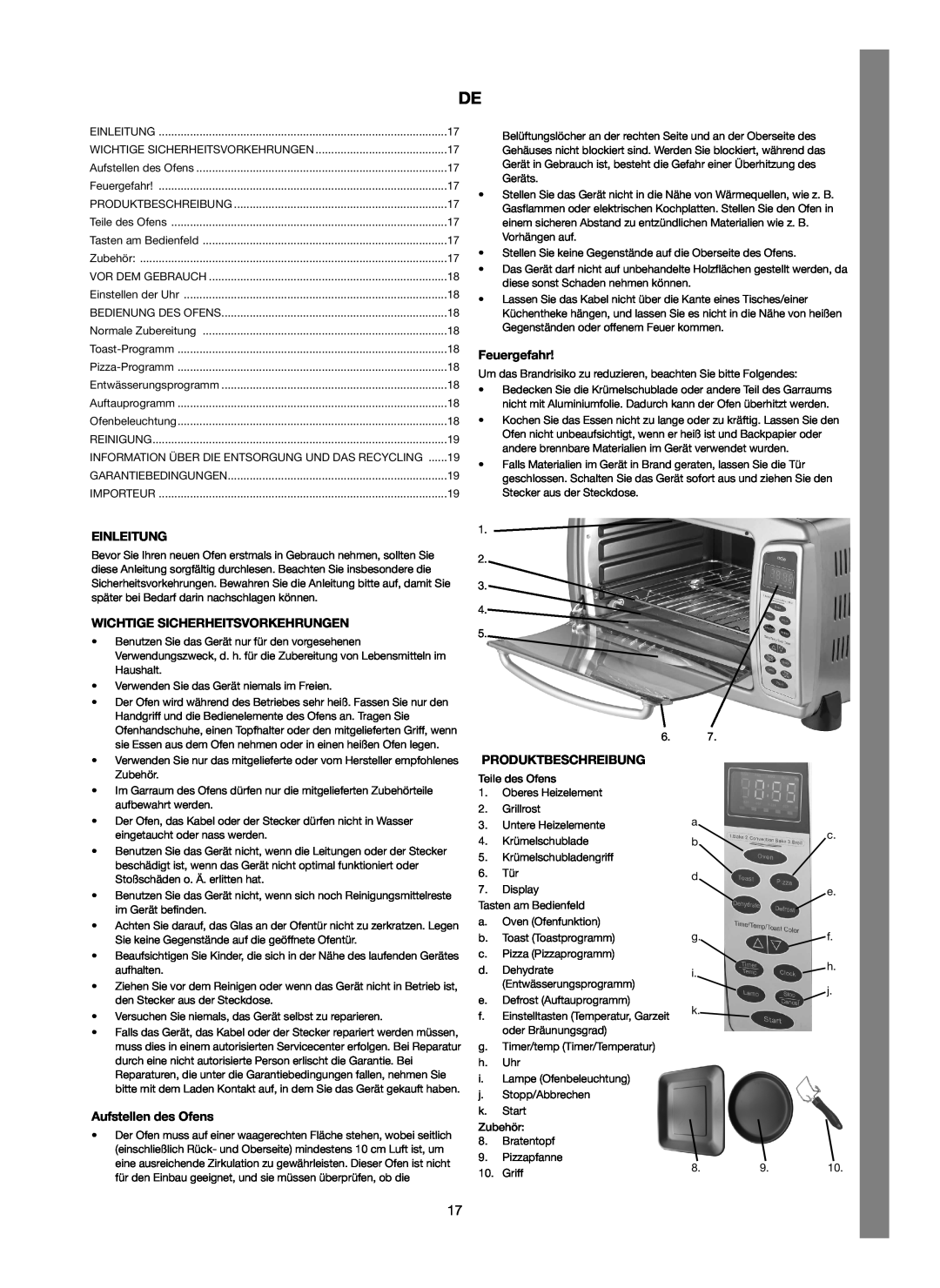Melissa 251-005 manual Einleitung, Wichtige Sicherheitsvorkehrungen, Aufstellen des Ofens, Feuergefahr, Produktbeschreibung 
