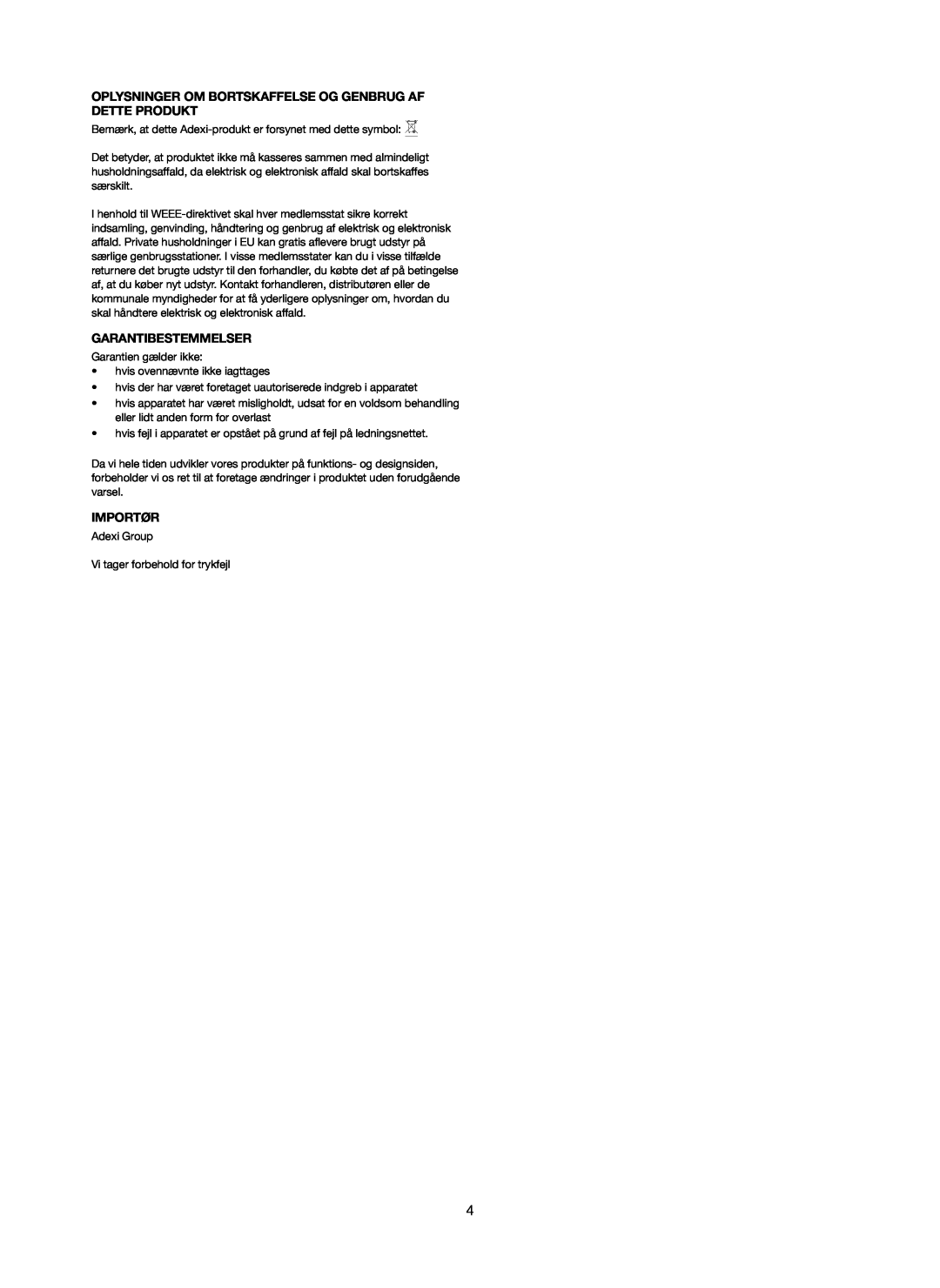 Melissa 251-005 manual Oplysninger Om Bortskaffelse Og Genbrug Af Dette Produkt, Garantibestemmelser, Importør 