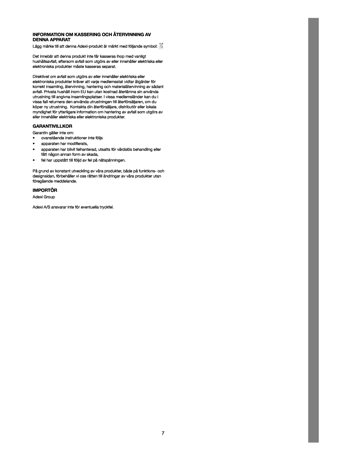 Melissa 251-005 manual Information Om Kassering Och Återvinning Av Denna Apparat, Garantivillkor, Importör 
