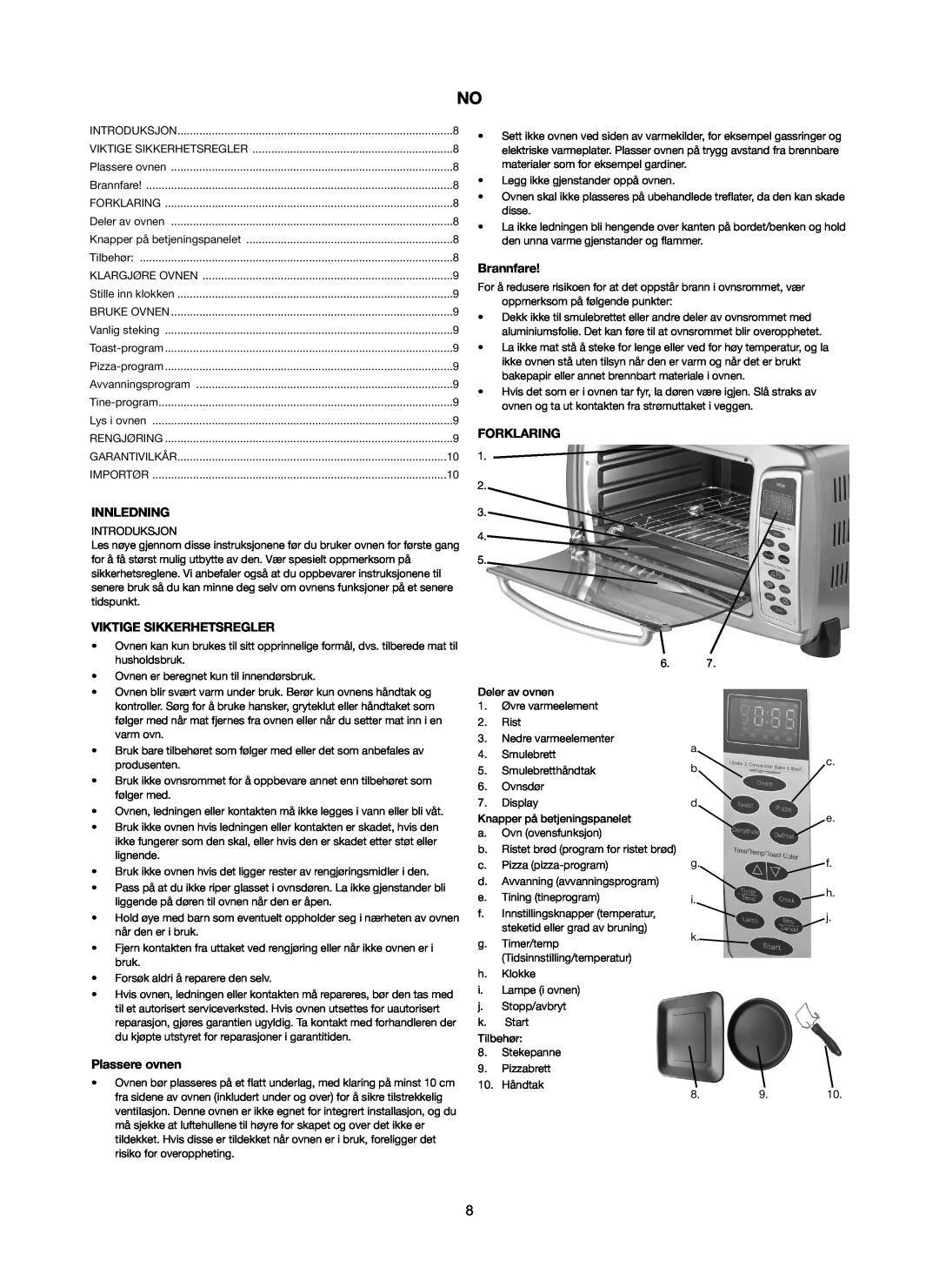 Melissa 251-005 manual Brannfare, Innledning, Viktige Sikkerhetsregler, Forklaring, Plassere ovnen 