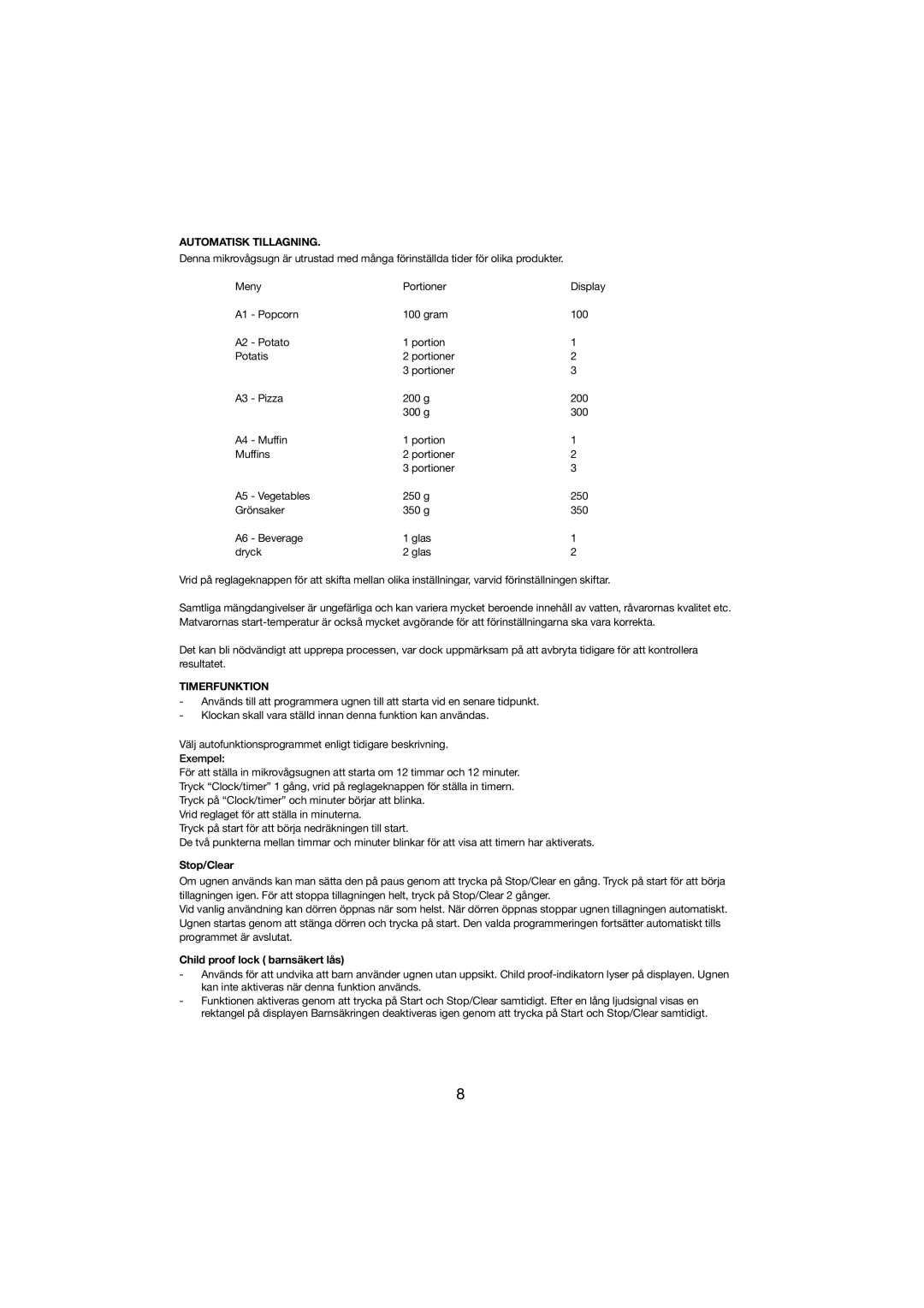 Melissa 253-001 manual Automatisk Tillagning, Timerfunktion, Stop/Clear, Child proof lock barnsäkert lås 