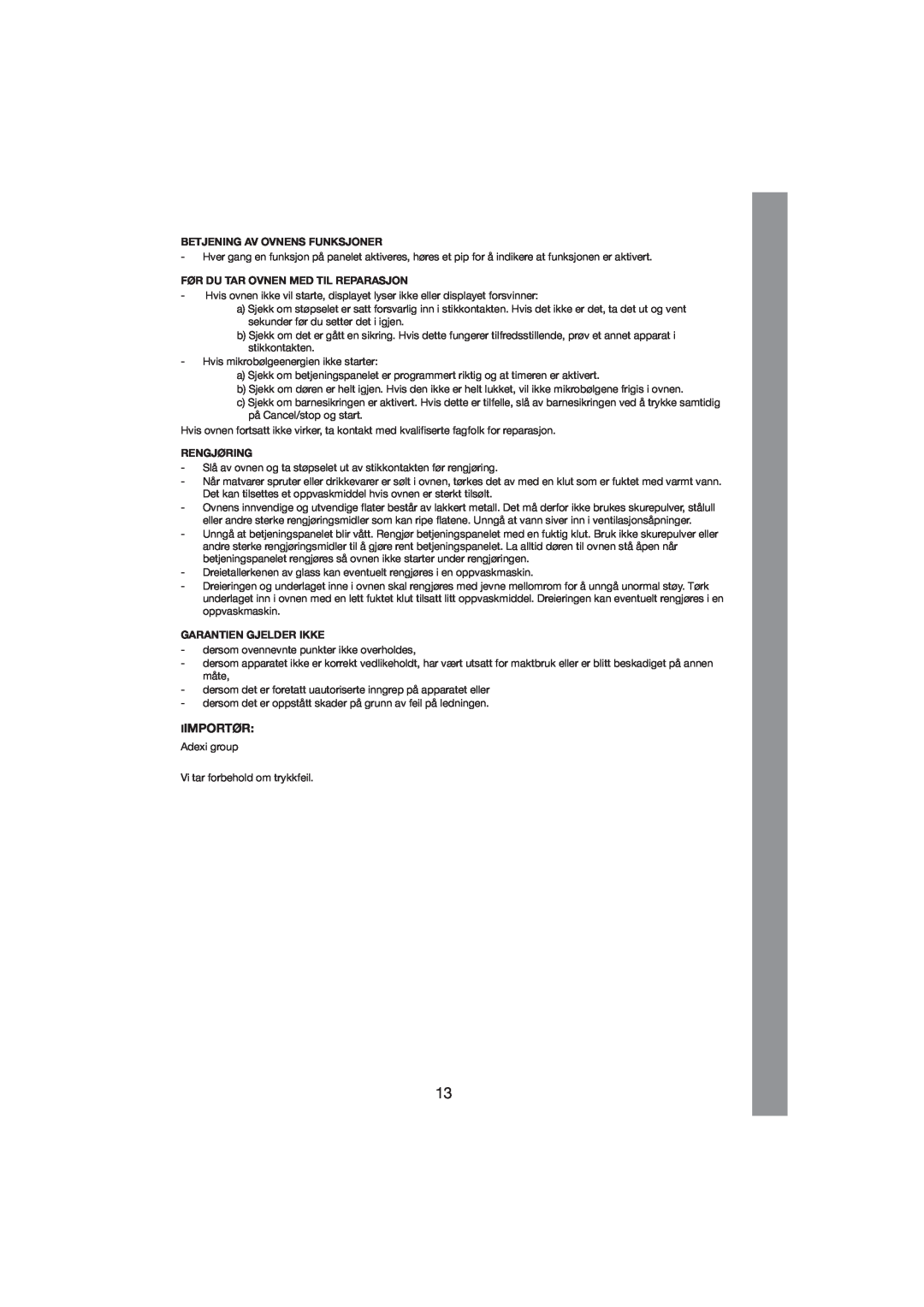 Melissa 253-001 manual Iimportør, Betjening Av Ovnens Funksjoner, Før Du Tar Ovnen Med Til Reparasjon, Rengjøring 